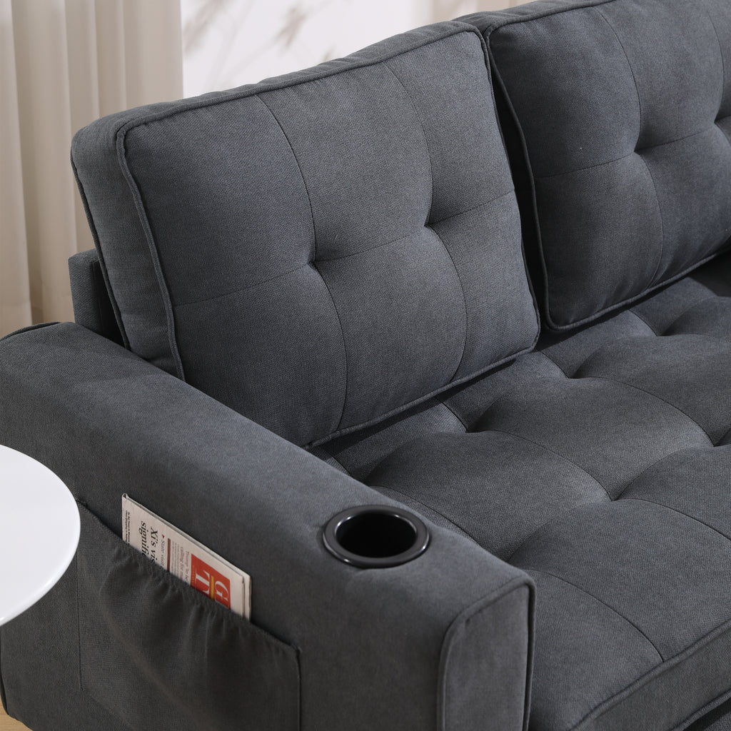 {VIDEO Provided}3-in-1 Upholstered Futon Sofa Convertible Sofa bed,Foldable Tufted Loveseat with Pull Out Sleeper Couch Bed,Folding Mattres Love Seat Daybed W/Side Pockets and Cup Holder, Dark Gray - Grand Goldman Shop