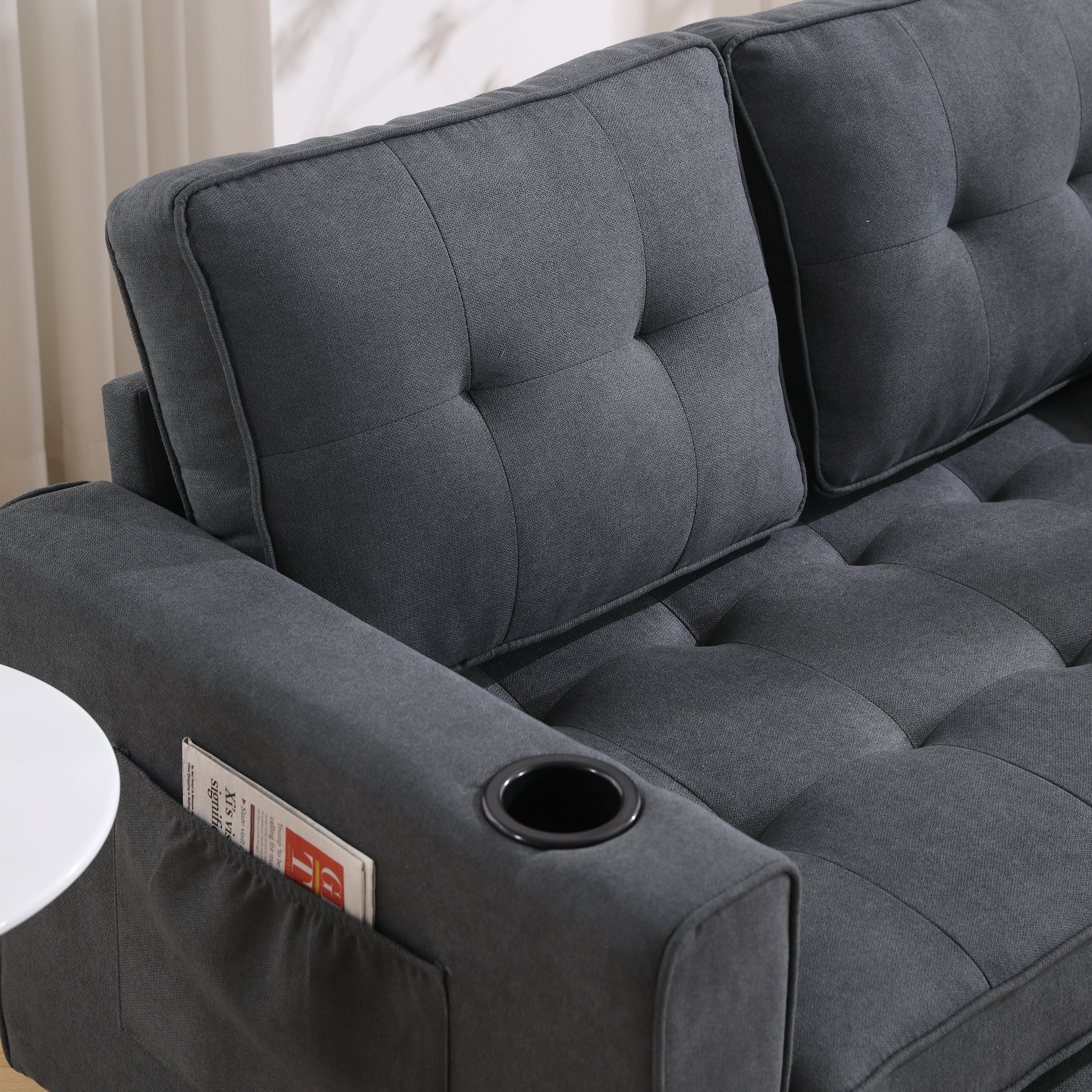 {VIDEO Provided}3-in-1 Upholstered Futon Sofa Convertible Sofa bed,Foldable Tufted Loveseat with Pull Out Sleeper Couch Bed,Folding Mattres Love Seat Daybed W/Side Pockets and Cup Holder, Dark Gray - Grand Goldman Shop
