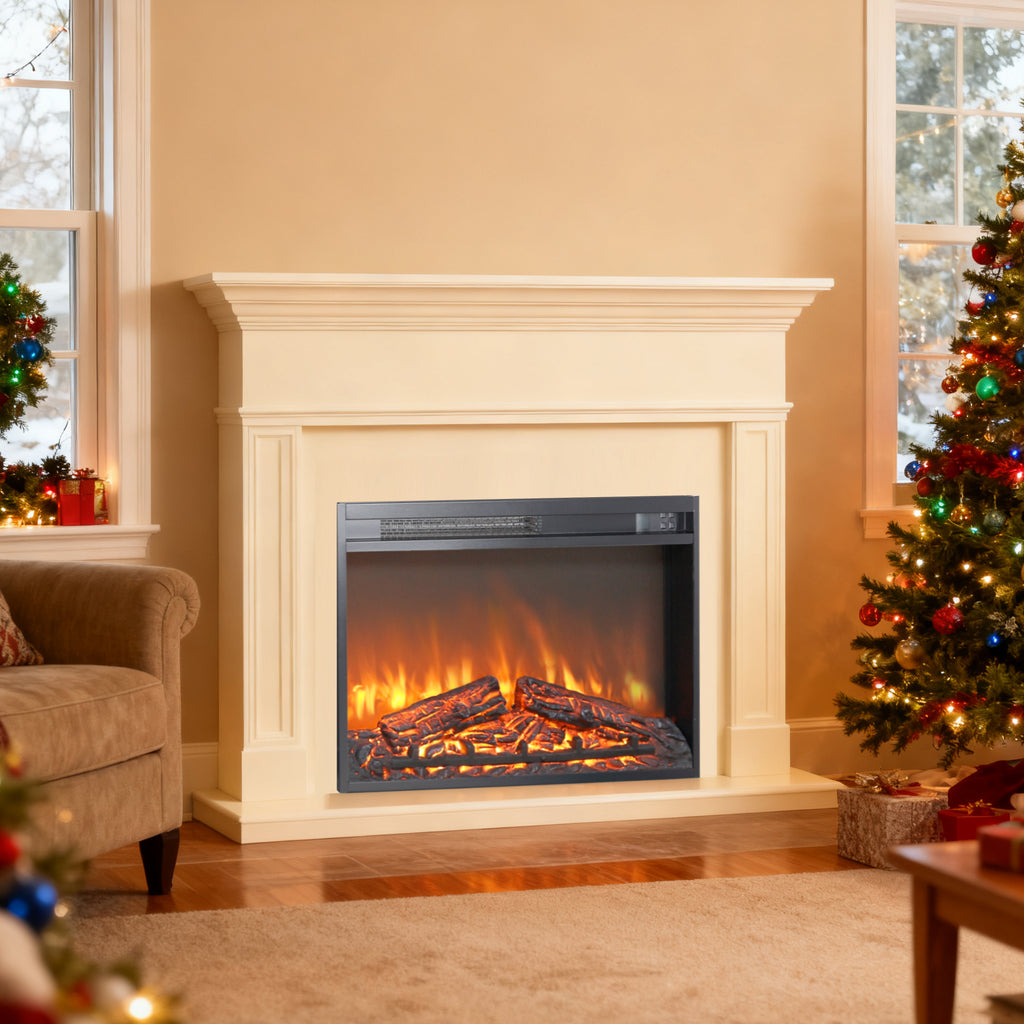26 inch electric fireplace insert, ultra thin heater with log set & realistic flame, remote control with timer, overheating protection - Grand Goldman Shop