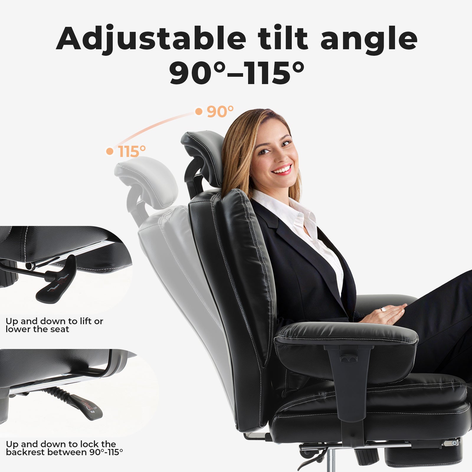Office Chair Ergonomic 200 kg PU Leather Computer Chair with Lumbar Support and High Backrest, Ergonomic Desk Chair with Lift