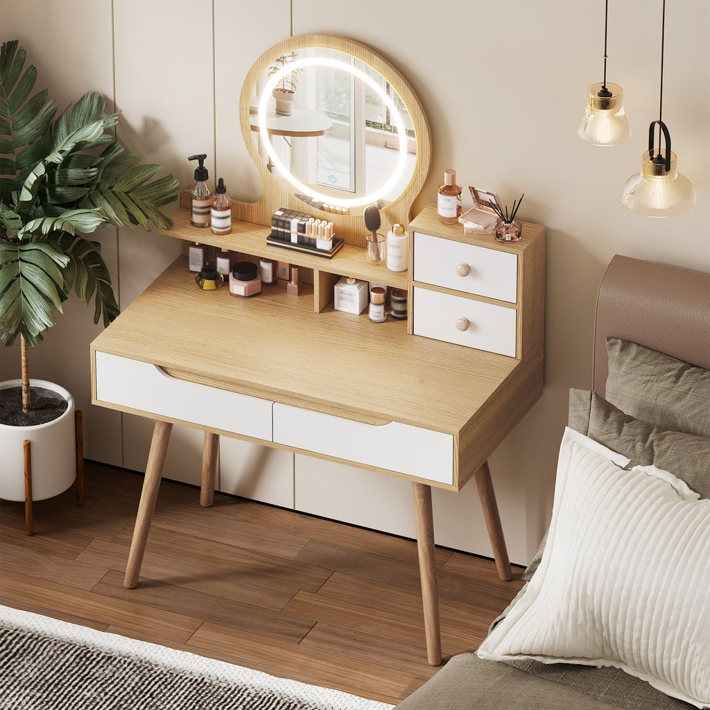 Elegant Makeup Vanity Desk with Adjustable Lighted Mirror, Solid Wood Table Feet, American White Oak, MDF, Compact Size - Grand Goldman Shop