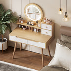 Elegant Makeup Vanity Desk with Adjustable Lighted Mirror, Solid Wood Table Feet, American White Oak, MDF, Compact Size - Grand Goldman Shop