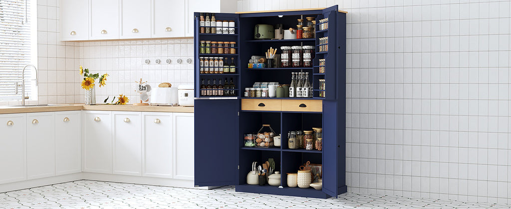 [Assembly Video Provided]TOPMAX 40.2x20x71.3inch High Freestanding Kitchen Pantry Large Cupboard Storage Cabinet with 2 Drawers, 2 Adjustable Shelves, 8 Door Shelves for Kitchen, Dining Room,Blue - Grand Goldman Shop