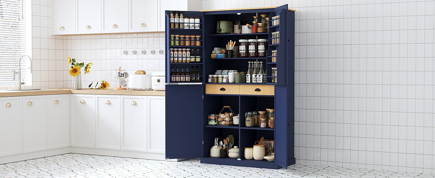 [Assembly Video Provided]TOPMAX 40.2x20x71.3inch High Freestanding Kitchen Pantry Large Cupboard Storage Cabinet with 2 Drawers, 2 Adjustable Shelves, 8 Door Shelves for Kitchen, Dining Room,Blue - Grand Goldman Shop