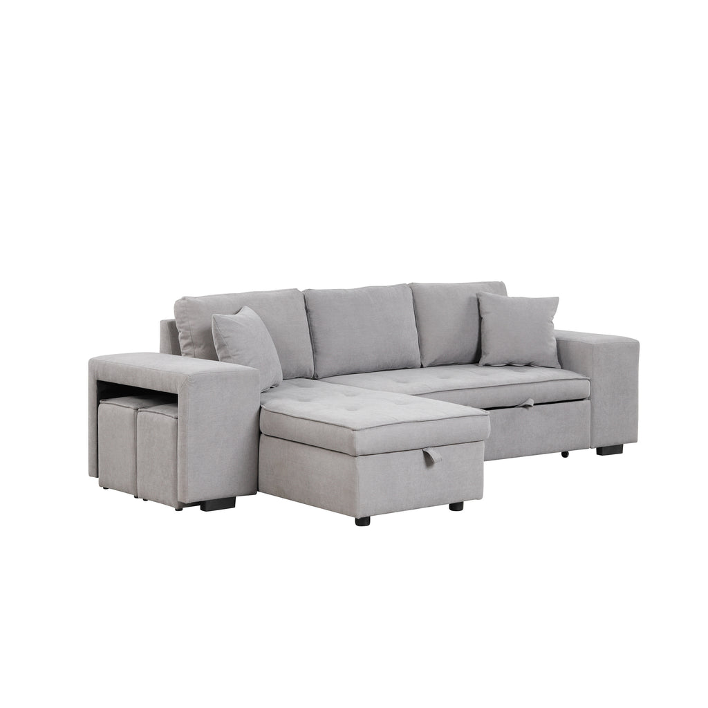 Modern Reversible L-Shape Pull Out Sleeper Sofa with Storage Chaise and Stools, Gray Linen, 104.5' - Grand Goldman Shop