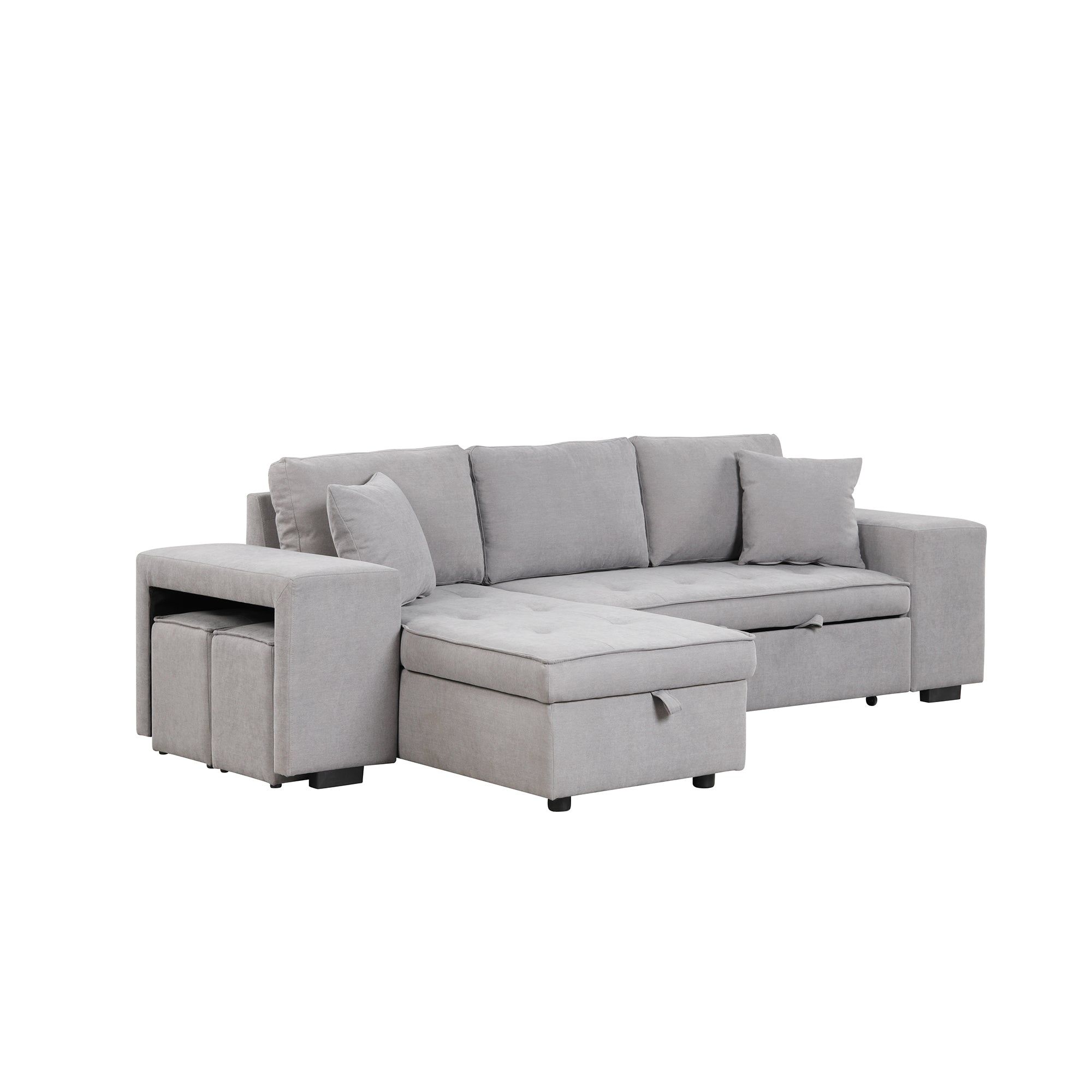Modern Reversible L-Shape Pull Out Sleeper Sofa with Storage Chaise and Stools, Gray Linen, 104.5' - Grand Goldman Shop