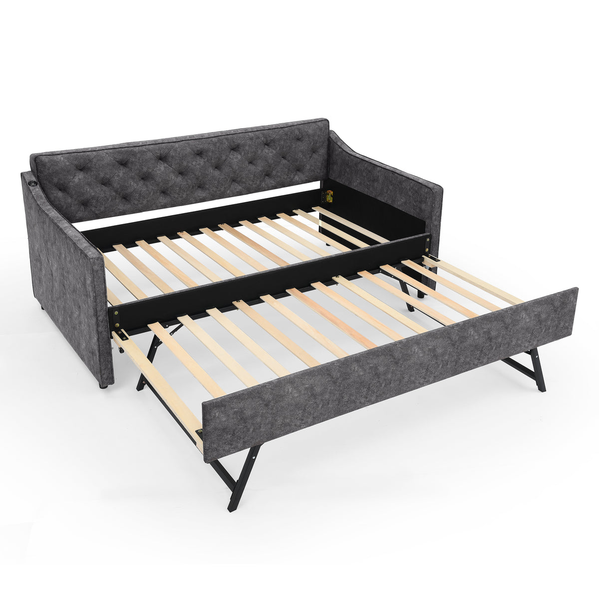 Grey Velvet Mid-Century Style Twin Upholstered Daybed with Pop-Up Trundle and USB Charging Armrest - Grand Goldman Shop