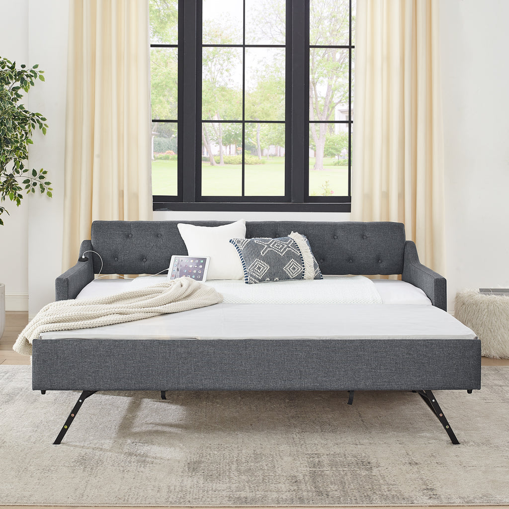 Twin Size Upholstered Daybed with Trundle and USB Charging, Dark Gray Linen - Grand Goldman Shop