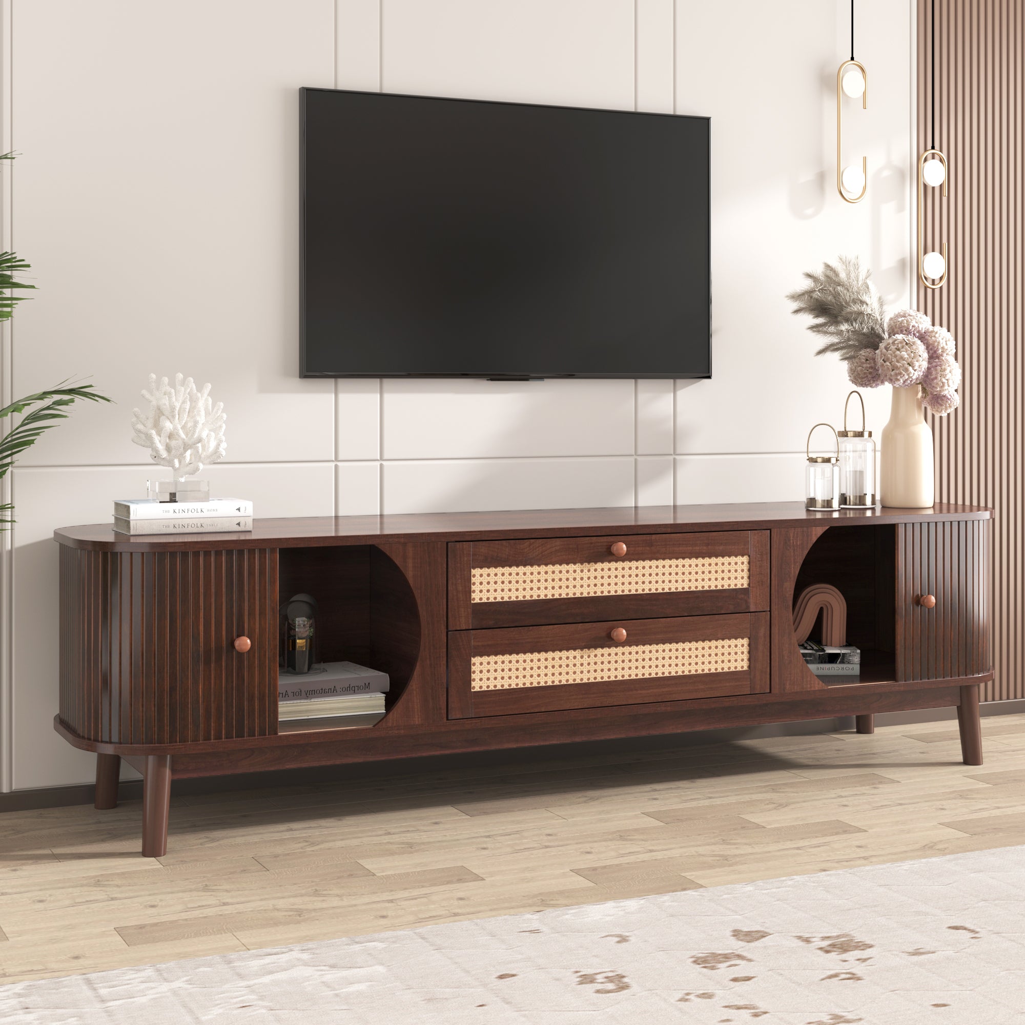 Modern Farmhouse Rattan TV Stand for TVs up to 75'', Natural Wood and Brown Solid Wood Legs, MDF Cabinet with Rattan Drawers and Sliding Doors, 66.93'' L Living Room Entertainment Console - Grand Goldman Shop