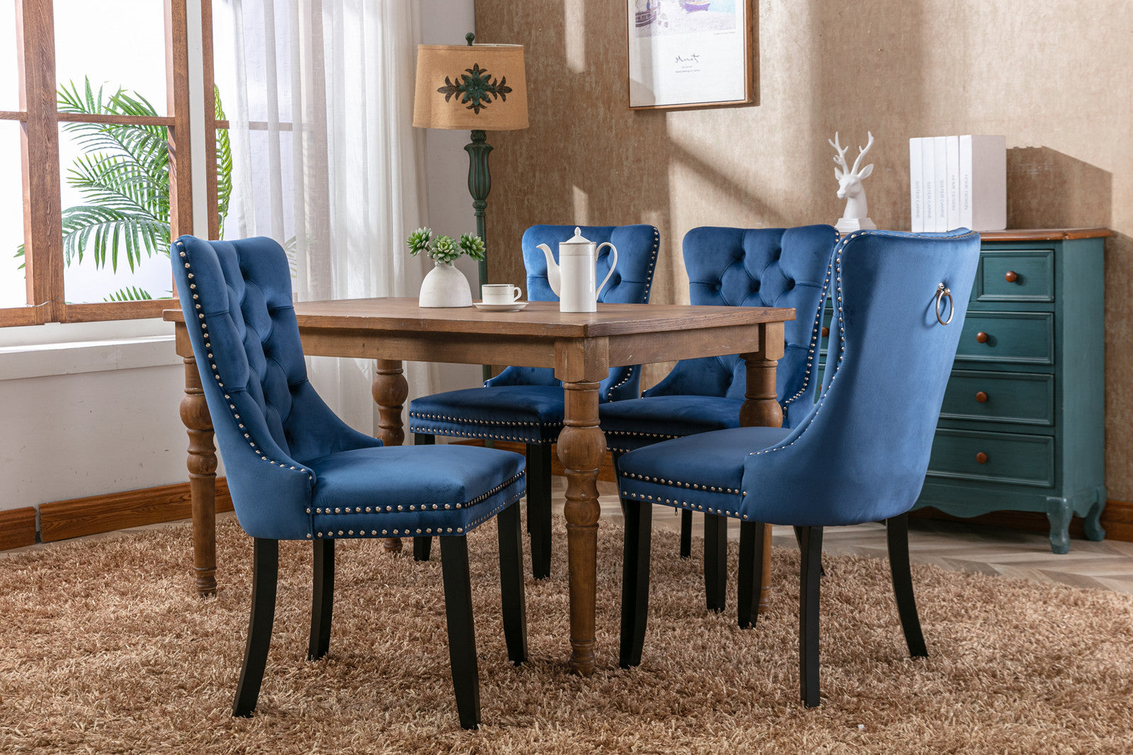 Nikki Collection Modern, High-end Tufted Solid Wood Contemporary Velvet Upholstered Dining Chair with Wood Legs Nailhead Trim 2-Pcs Set,Blue, SW2001BL - Grand Goldman Shop