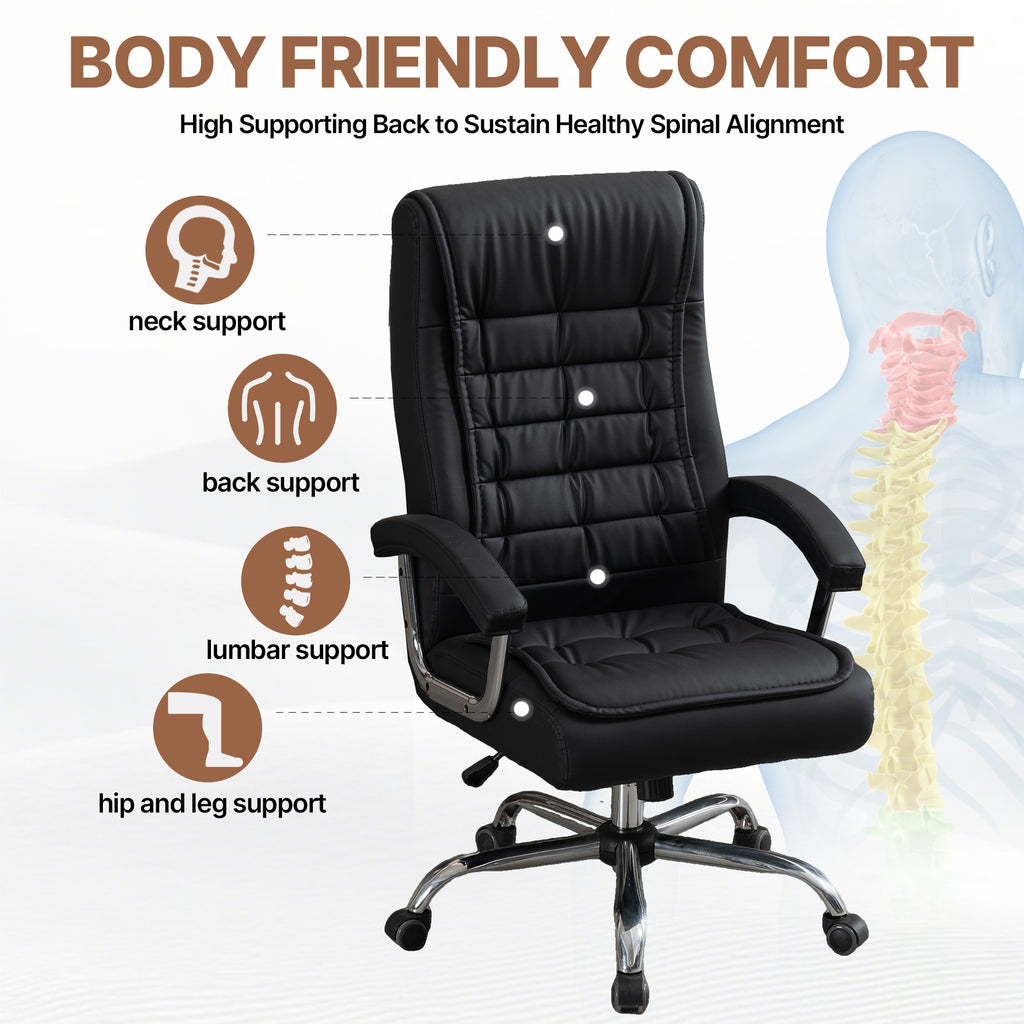 Executive Office Chair High Back PU Leather Desk Chair with Spring Seat Cushion, Ergonomic Swivel Computer Chair with Chrome 
