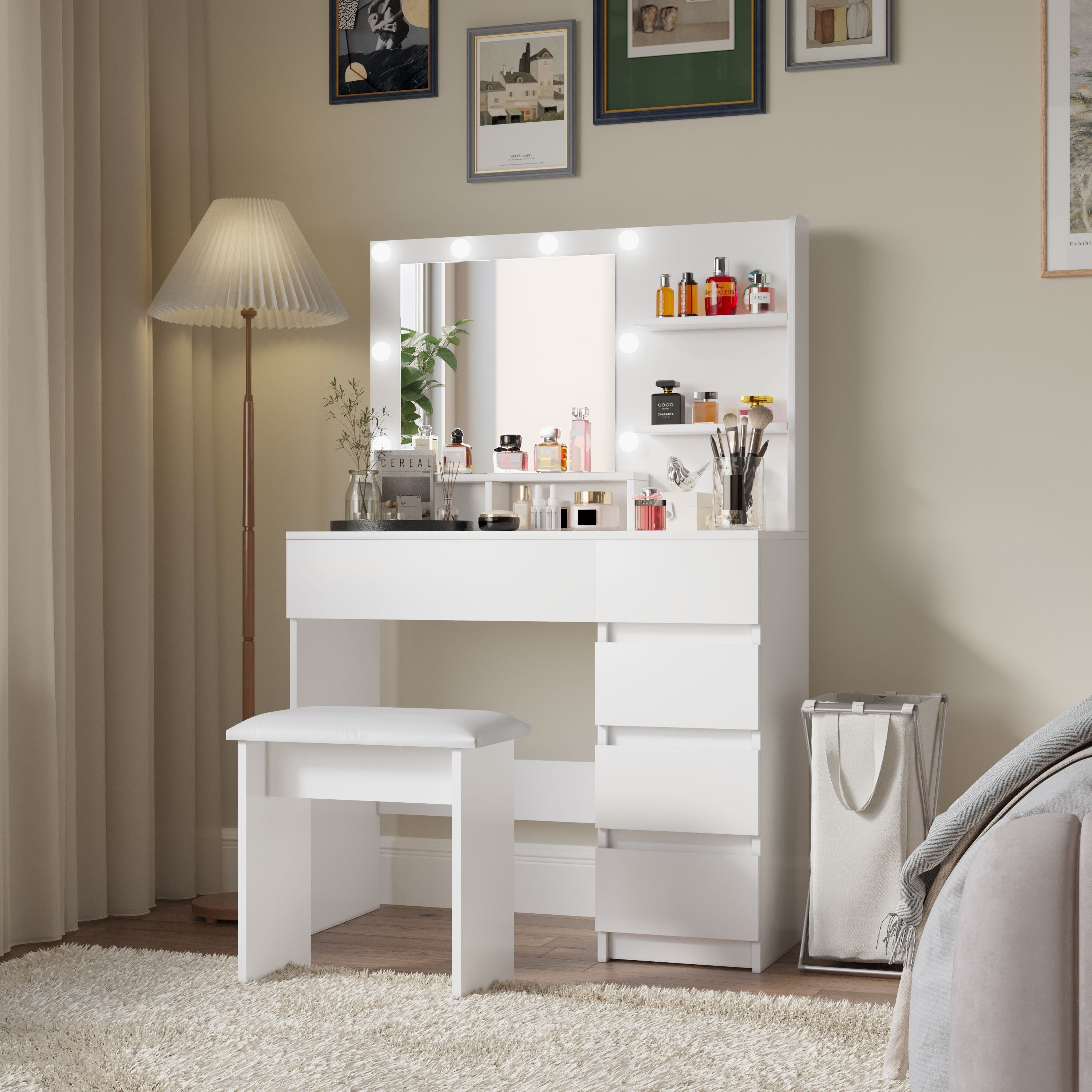 Vanity, Makeup Vanity Desk Set with Mirror & Light, Dressing Table Storage Lots , 3 Lighting Modes with Adjustable Brightness, White with Stool - Grand Goldman Shop