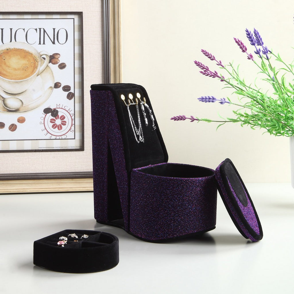 9' Tall Display Jewelry Box with Hooks, High Heel Shoe Design, Purple Velvet - Grand Goldman Shop