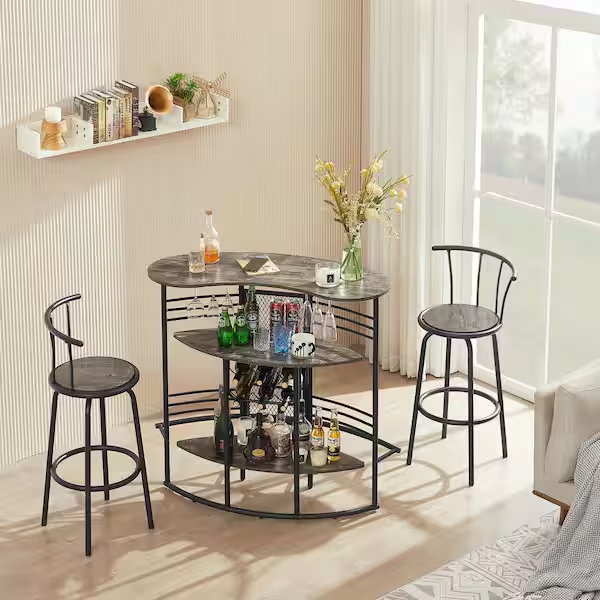 Oval Bar Table with Wood Counter Top and Wine Rack Storage, Wine Bakers Rack for Dining Room, Brown - Grand Goldman Shop