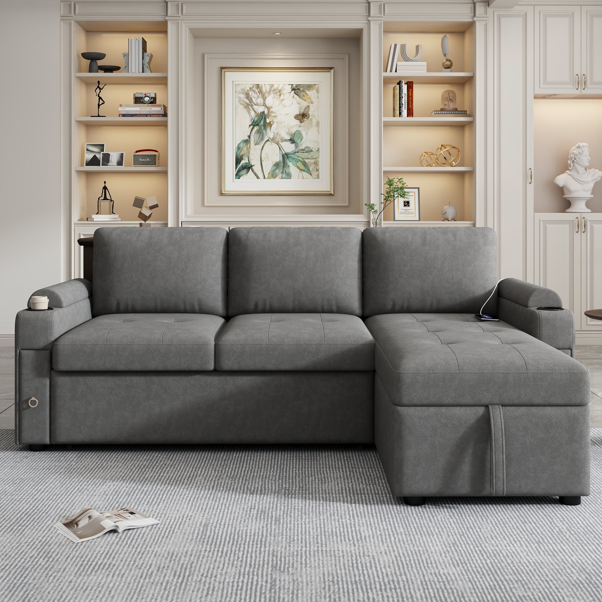 Modern L-shaped Convertible Sofa Bed with Storage, Cup Holders, USB Ports, Gray Chenille, 83.5' - Grand Goldman Shop