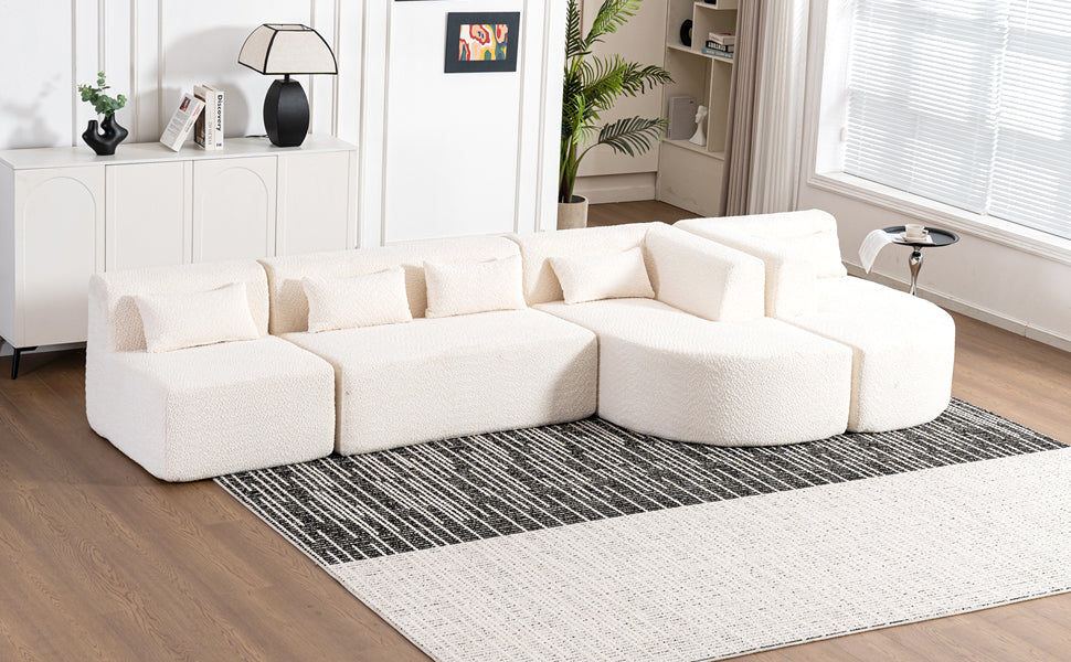Modern Upholstered L-Shape Sofa with Chaise Lounge and Back Pillows, Beige Boucle Fabric, 144 inches - Grand Goldman Shop