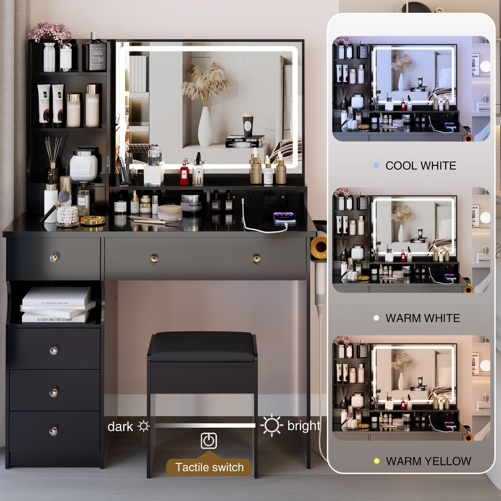 41' Large Size Left Drawer Desktop Vanity Table+Cushioned Stool Dresser Set, 2 AC+2 USB Power Station, Hair Dryer Stand, Extra Large Touch Control LED Mirror, 3-color Switch, EPA, GCC, UL Certificate - Grand Goldman Shop