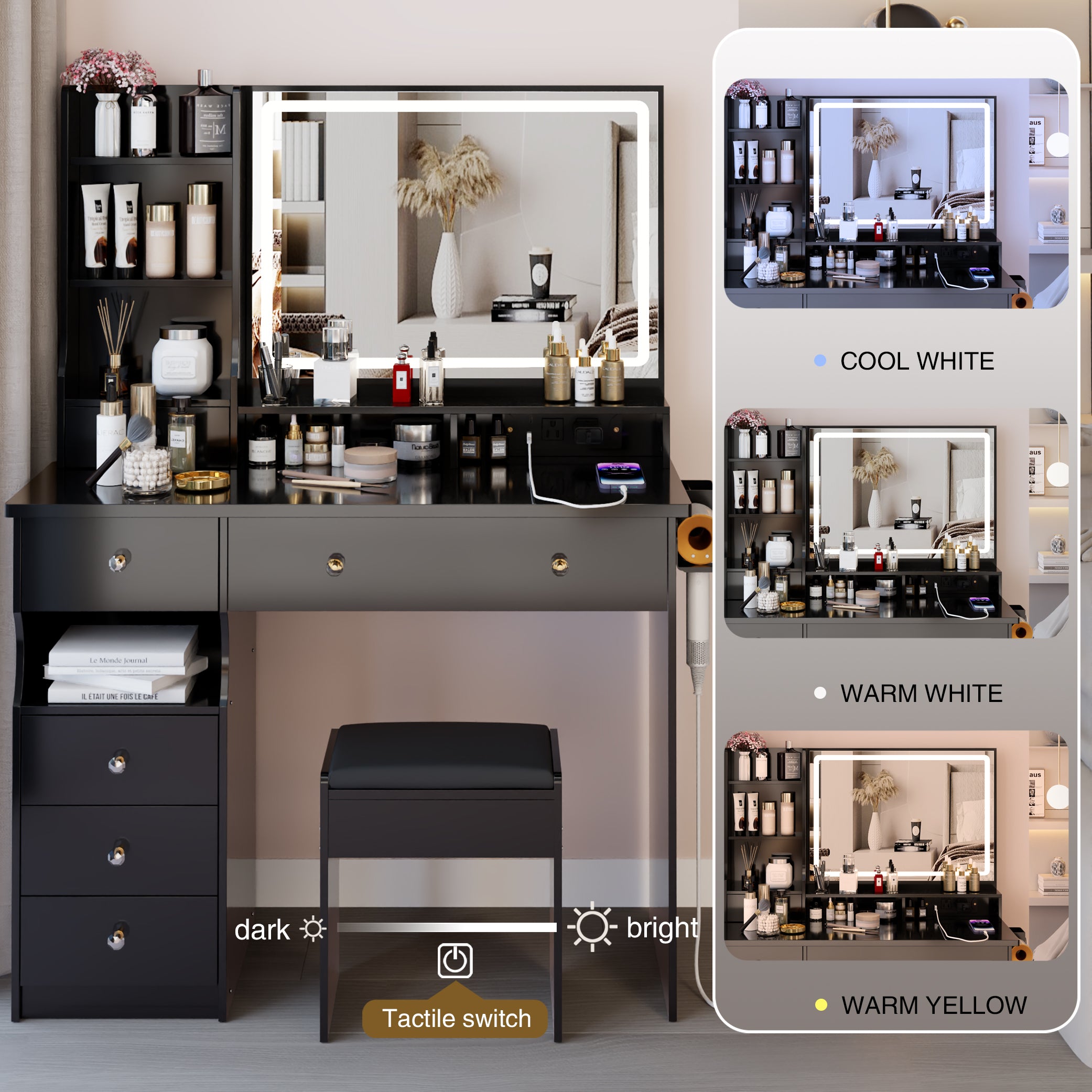 41' Large Size Left Drawer Desktop Vanity Table+Cushioned Stool Dresser Set, 2 AC+2 USB Power Station, Hair Dryer Stand, Extra Large Touch Control LED Mirror, 3-color Switch, EPA, GCC, UL Certificate - Grand Goldman Shop