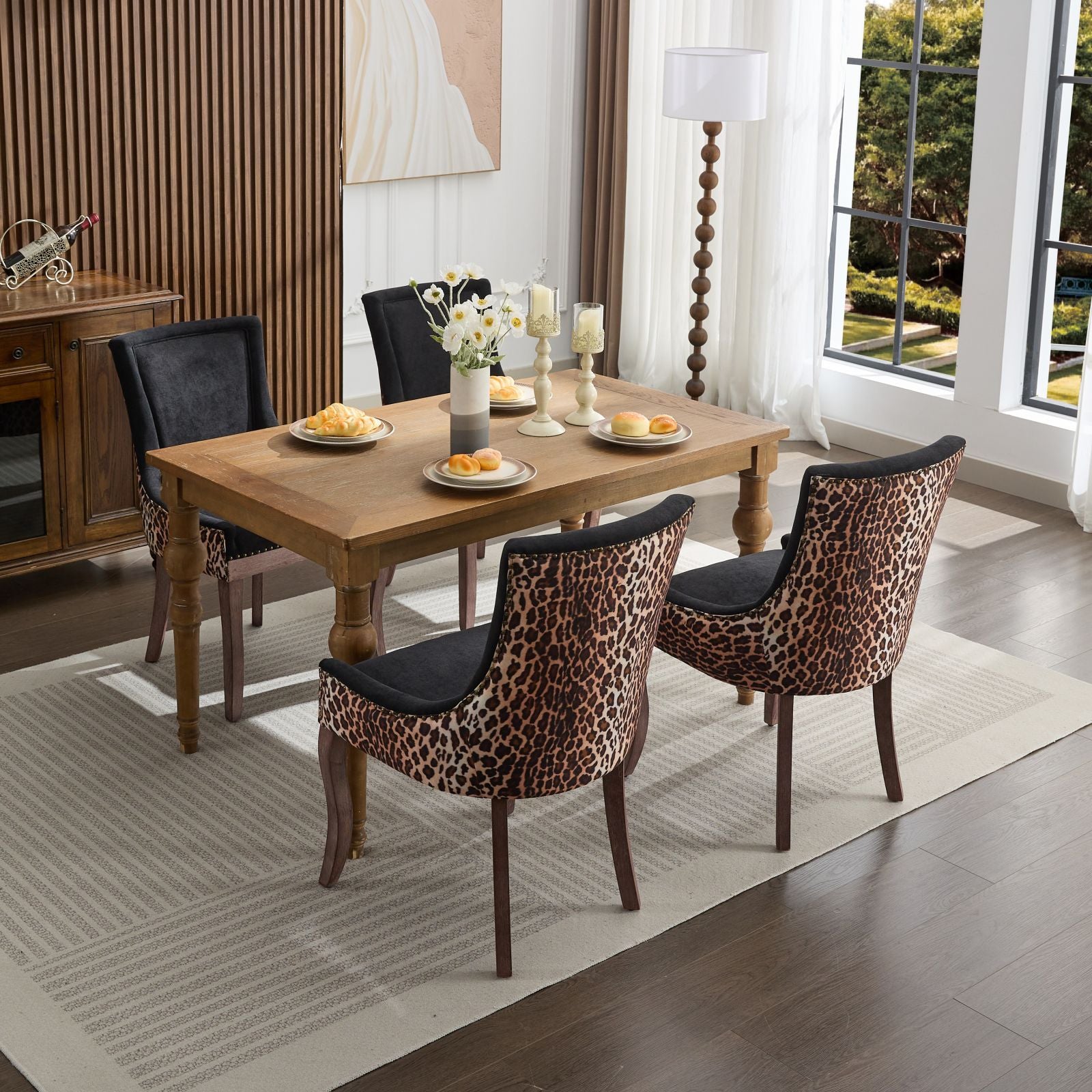 A&A Furniture,Ultra Side Dining Chair, Thickened fabric chairs with neutrally toned solid wood legs, Bronze nail head, Set of 2,Leopard Print - Grand Goldman Shop