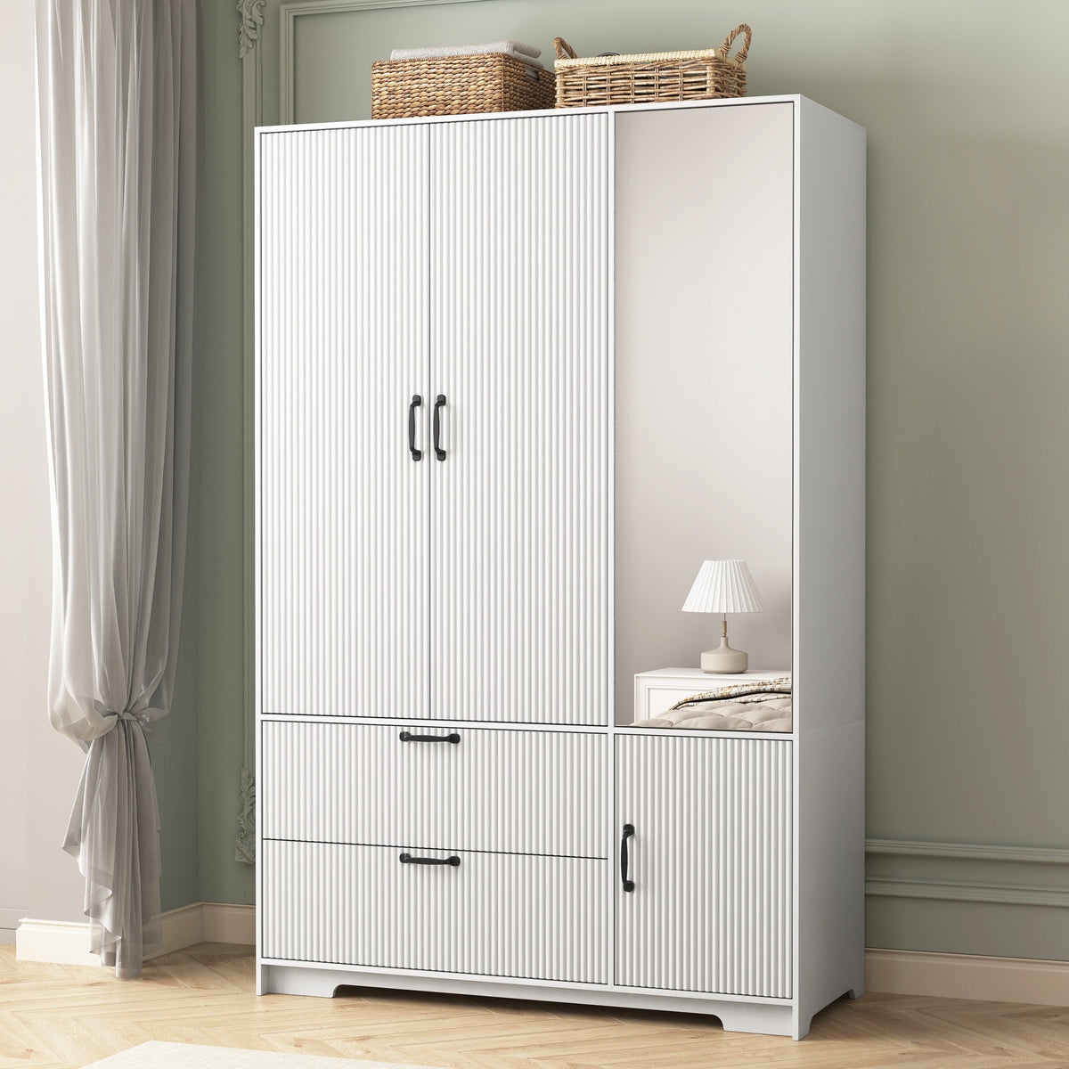 4 Doors Wardrobe Closet with Mirror, LED Wardrobe with Doors and 2 Drawers, Wooden Wardrobe Storage Cabinet with Hanging Rod, Adjustable Shelves, White - Grand Goldman Shop