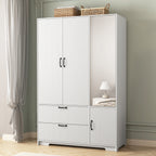 4 Doors Wardrobe Closet with Mirror, LED Wardrobe with Doors and 2 Drawers, Wooden Wardrobe Storage Cabinet with Hanging Rod, Adjustable Shelves, White - Grand Goldman Shop