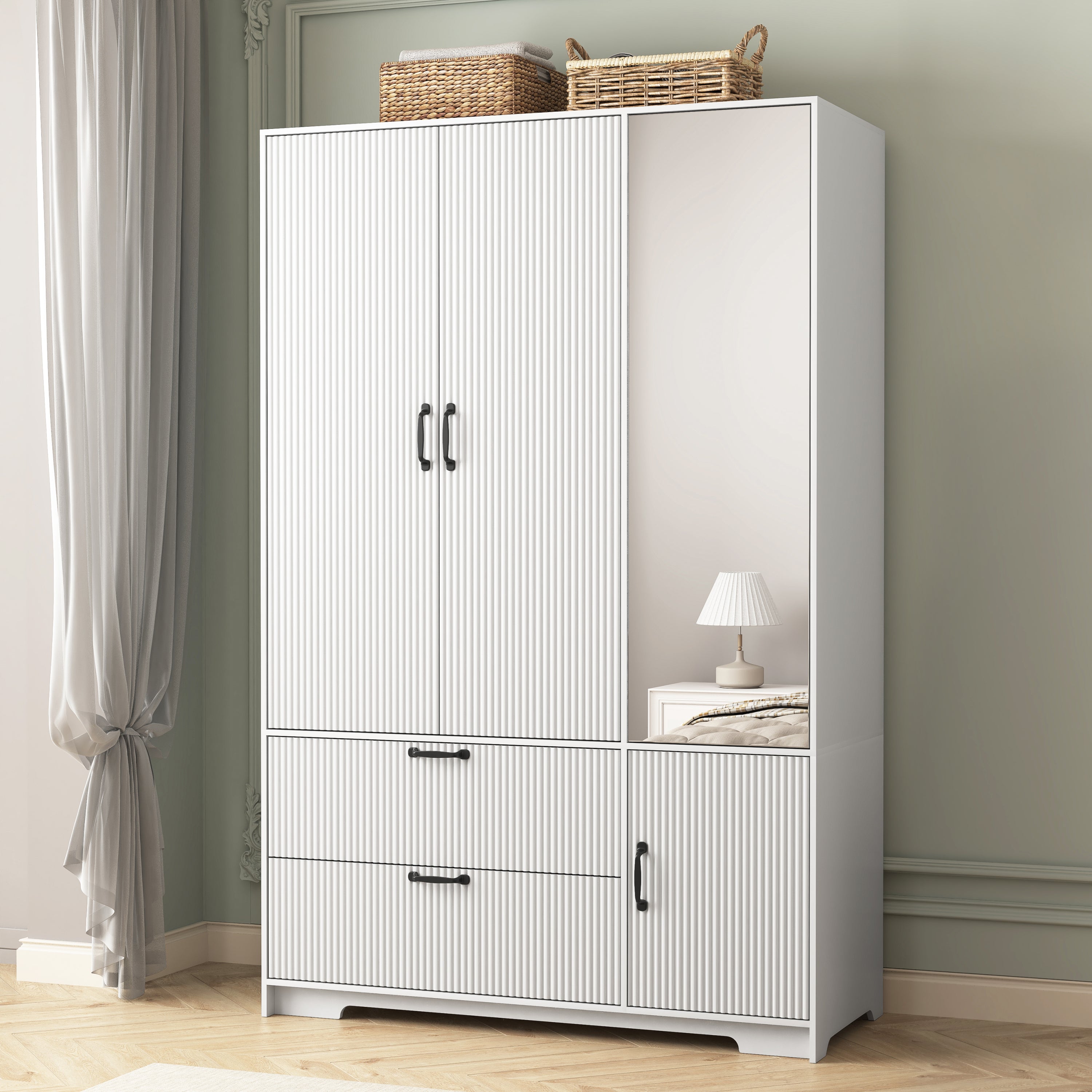 4 Doors Wardrobe Closet with Mirror, LED Wardrobe with Doors and 2 Drawers, Wooden Wardrobe Storage Cabinet with Hanging Rod, Adjustable Shelves, White - Grand Goldman Shop