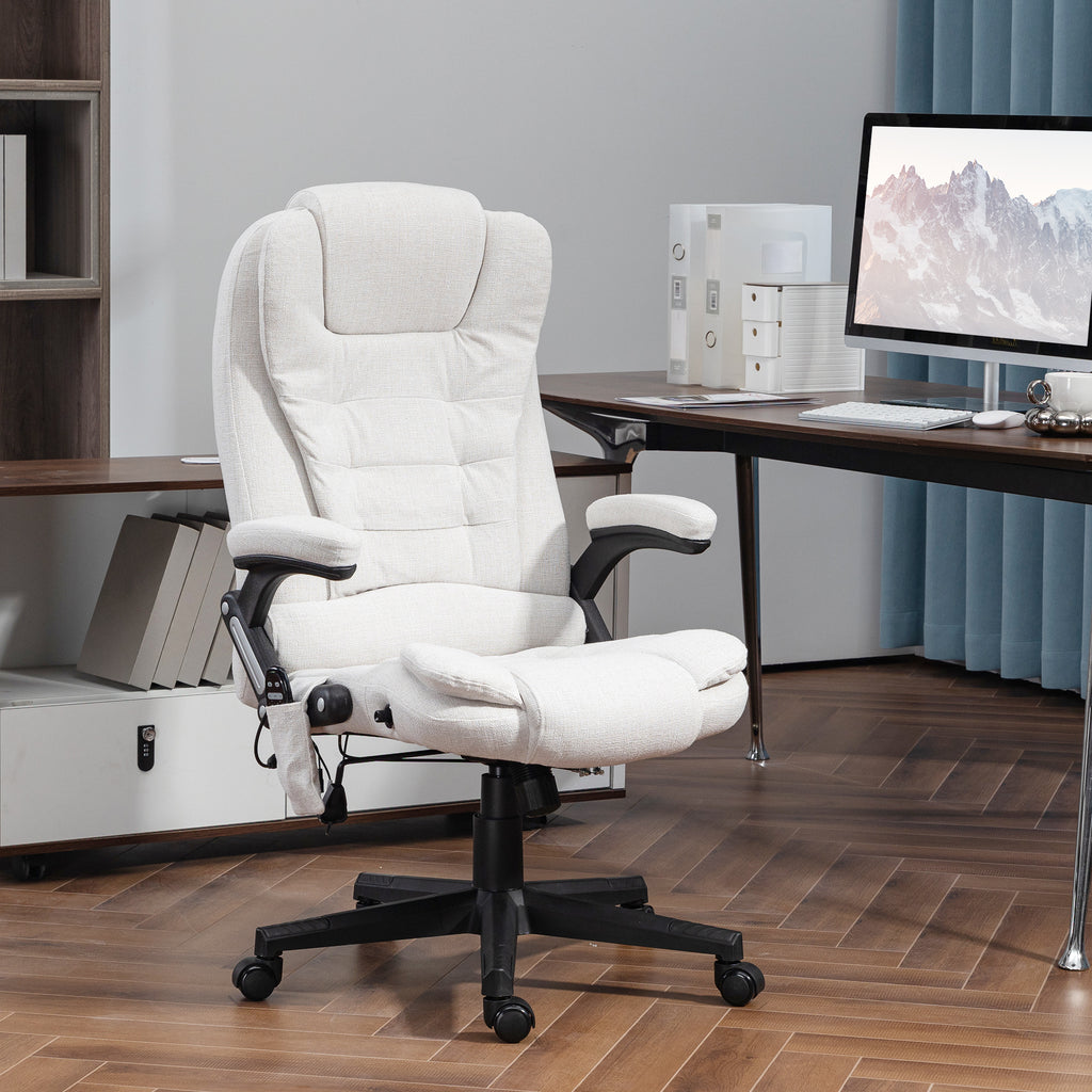 HOMCOM 6 Point Vibrating Massage Office Chair with Heat, Linen High Back Executive Office Chair with Reclining Backrest, Padd