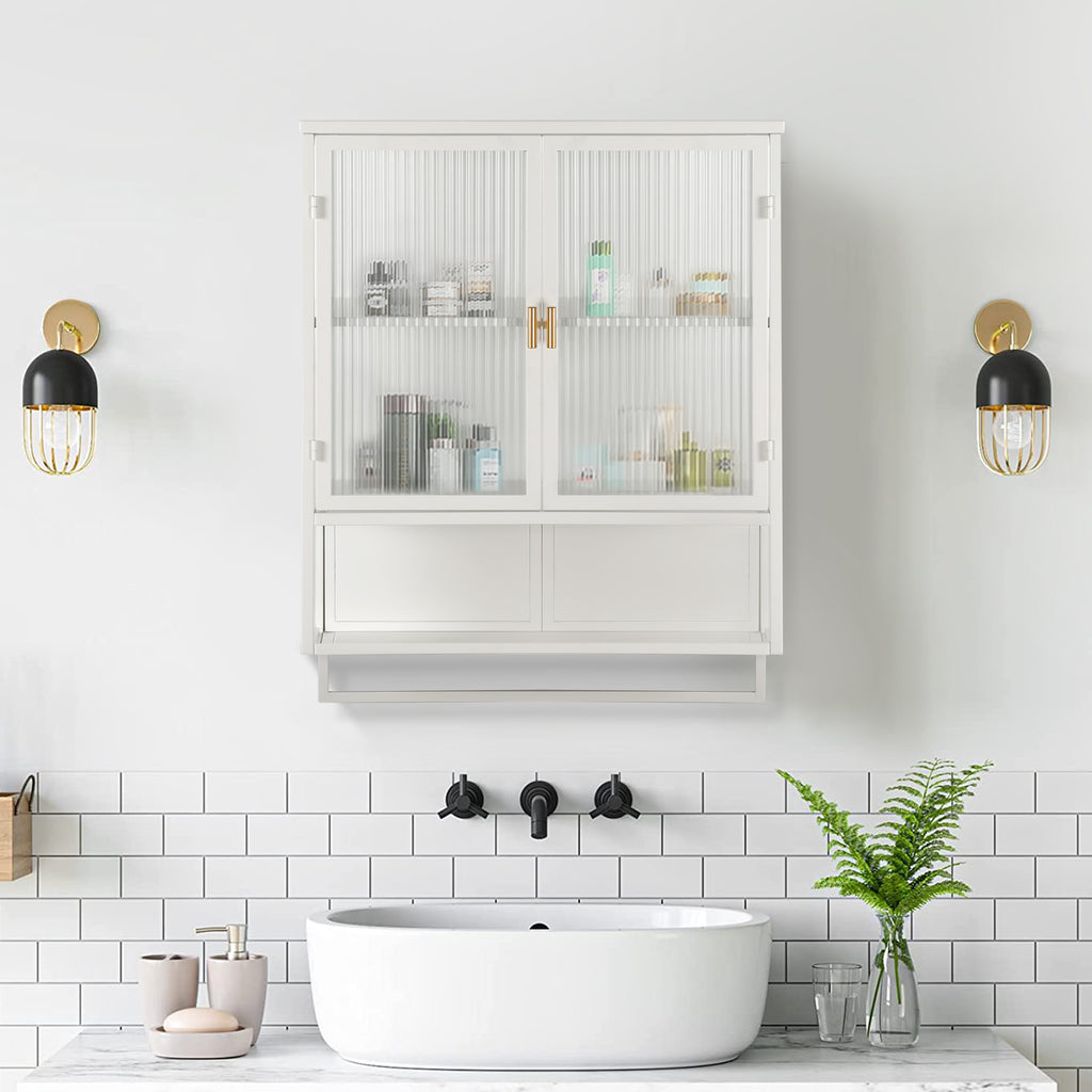 23.62'Glass Doors Modern Two-door Wall Cabinet with Featuring Two-tier Enclosed Storage, an Open Shelf, and Towel Rack, for Entryway Living Room Bathroom Dining Room - Grand Goldman Shop