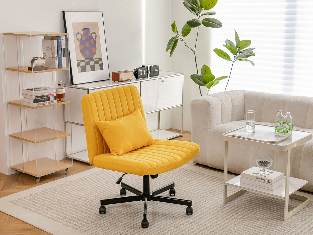 Yellow Linen Criss Cross Armless Office Chair with Wheels - Modern Comfort for Home Office, Meditation & Makeup Spaces | Prem