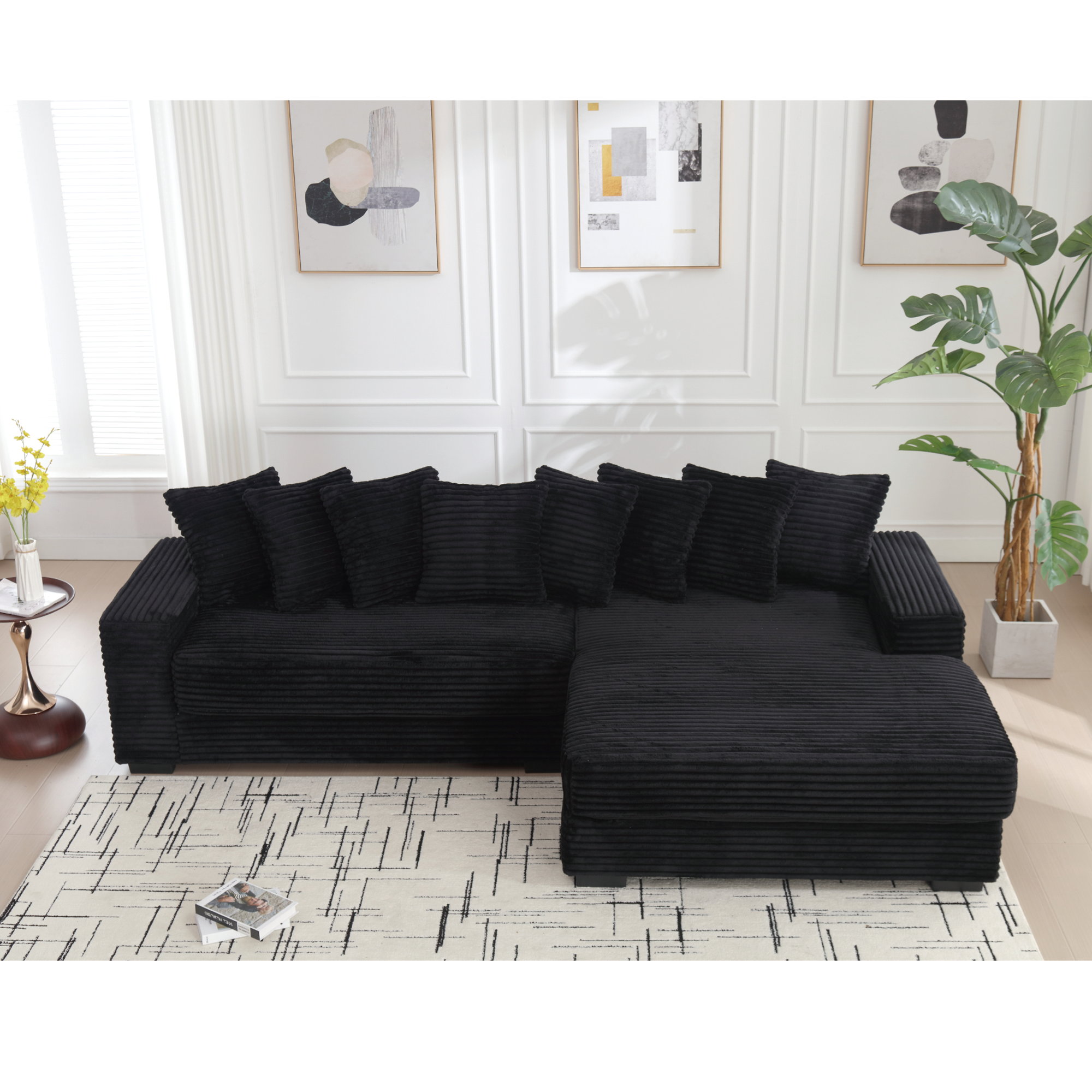 [NEW ARRIVED] [VIDEO PROVIDED] Oversized Two-Piece  Couches,  L Shaped Sofa, Corduroy, Right Chaise Daybed,with Armrests,Eight Throw Pillows,Corner Sofa,Easy To Assemble,  Black - Grand Goldman Shop