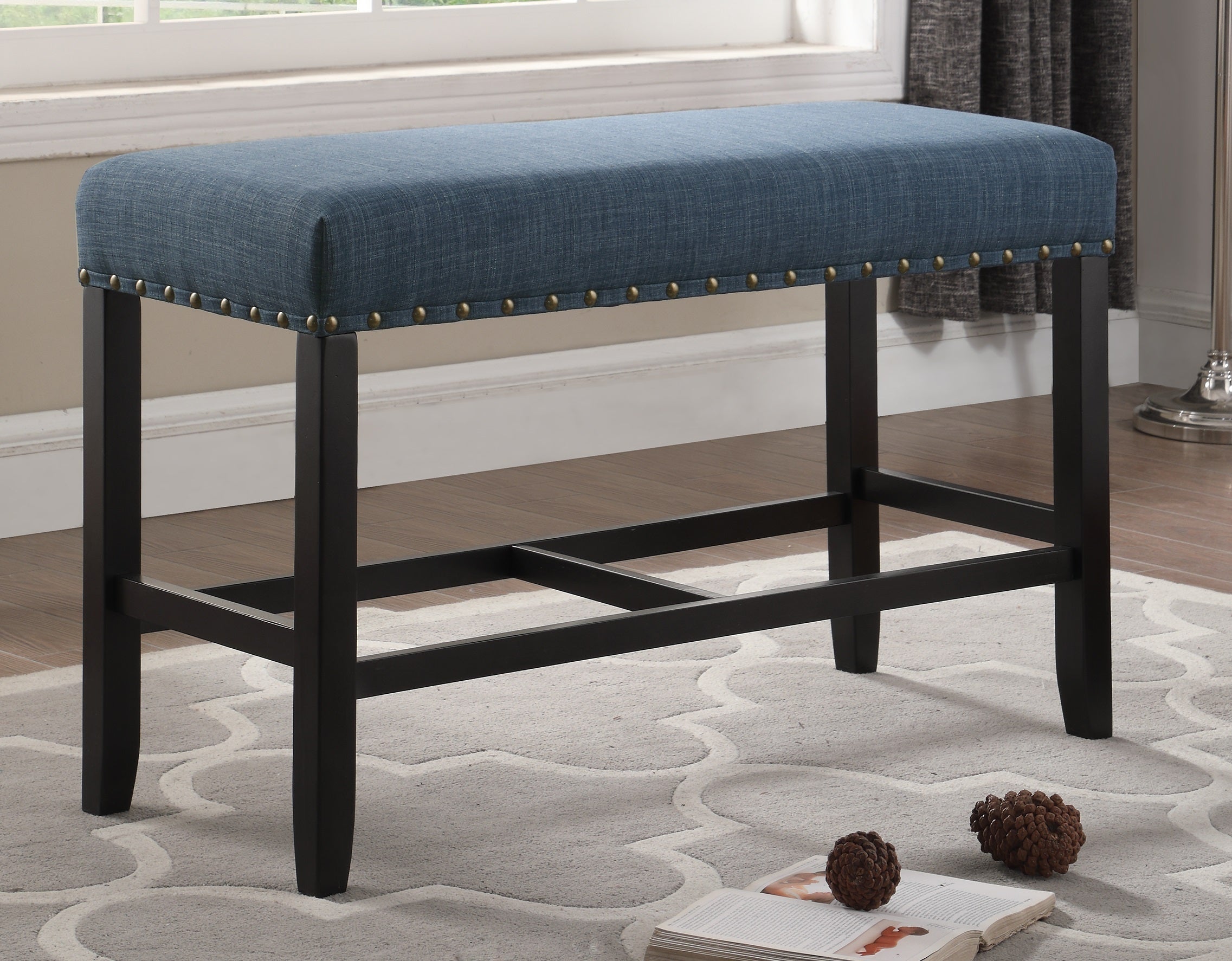 Biony Fabric Counter Height Dining Bench with Nailhead Trim, Blue - Grand Goldman Shop