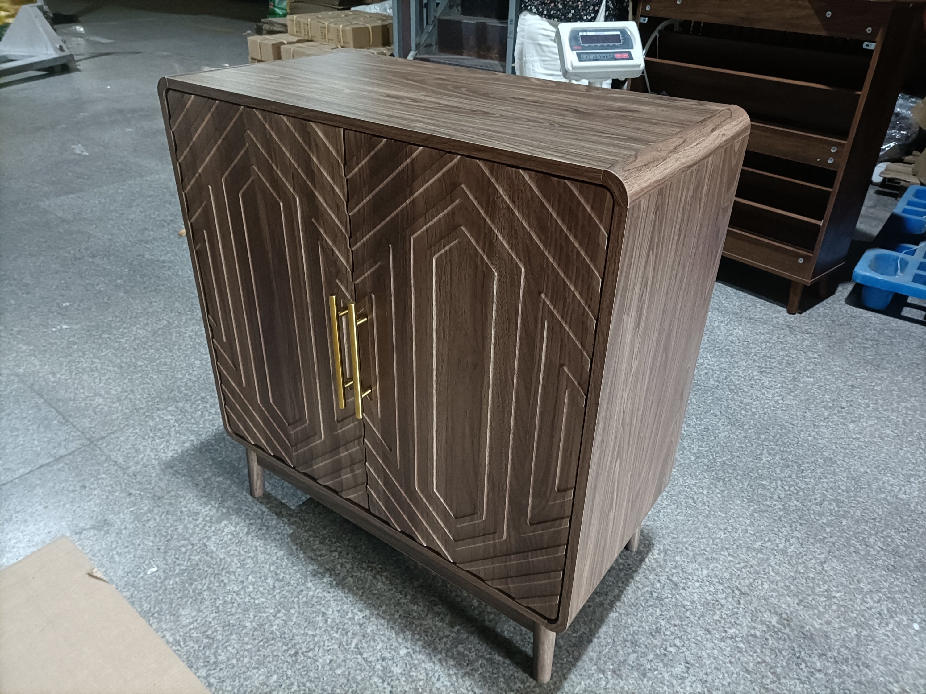 Modern Sideboard Buffet Cabinet with Carved 2 Doors and Adjustable Layer Board for Living Room and Kitchen, Walnut, MDF - Grand Goldman Shop