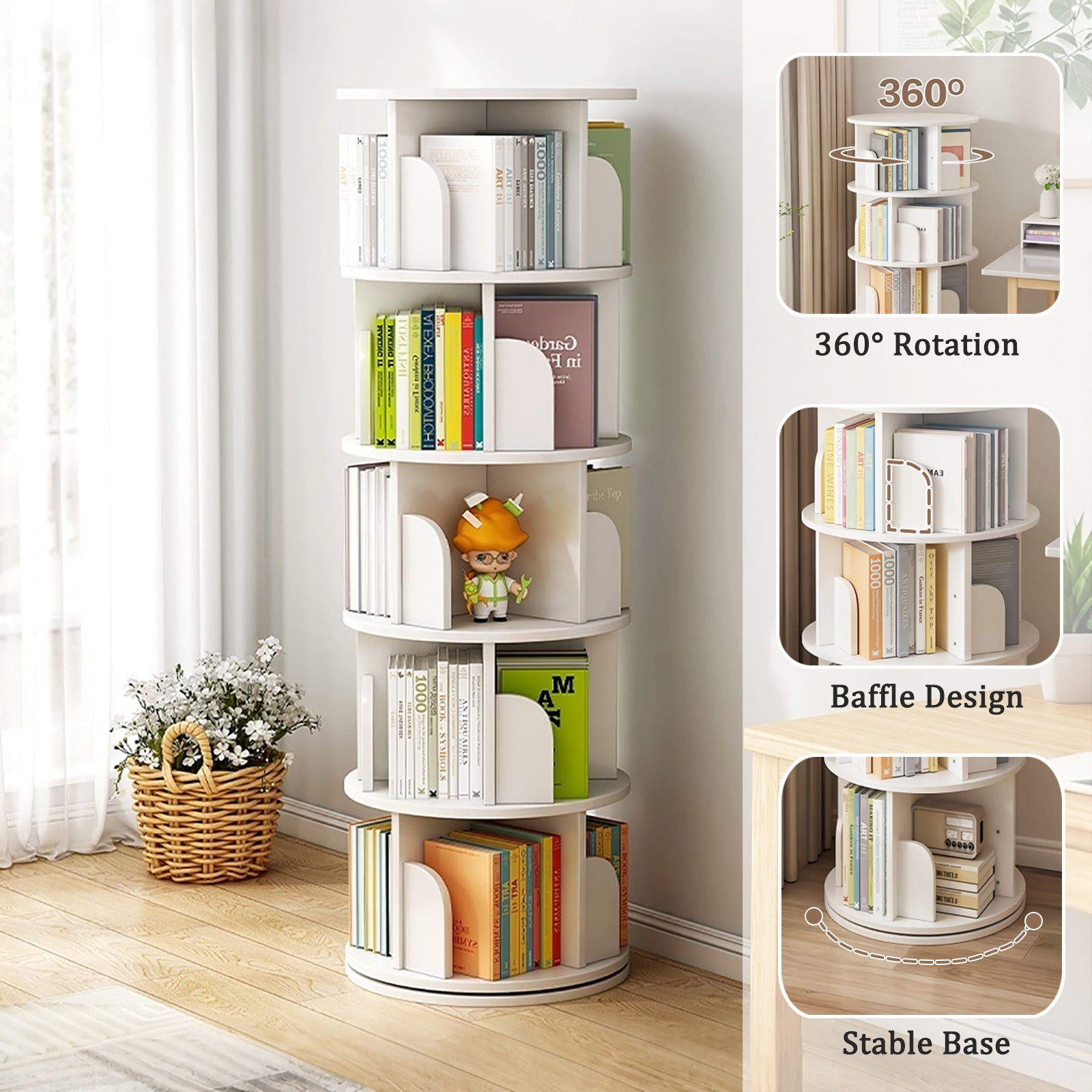 5 Tier Rotating Bookshelf, 360° Display Round Spinning Bookshelf, Space-Saving, Small Space Rotating Bookshelf Tower for Bedroom, Living Room, Home, Office, Warm White - Grand Goldman Shop