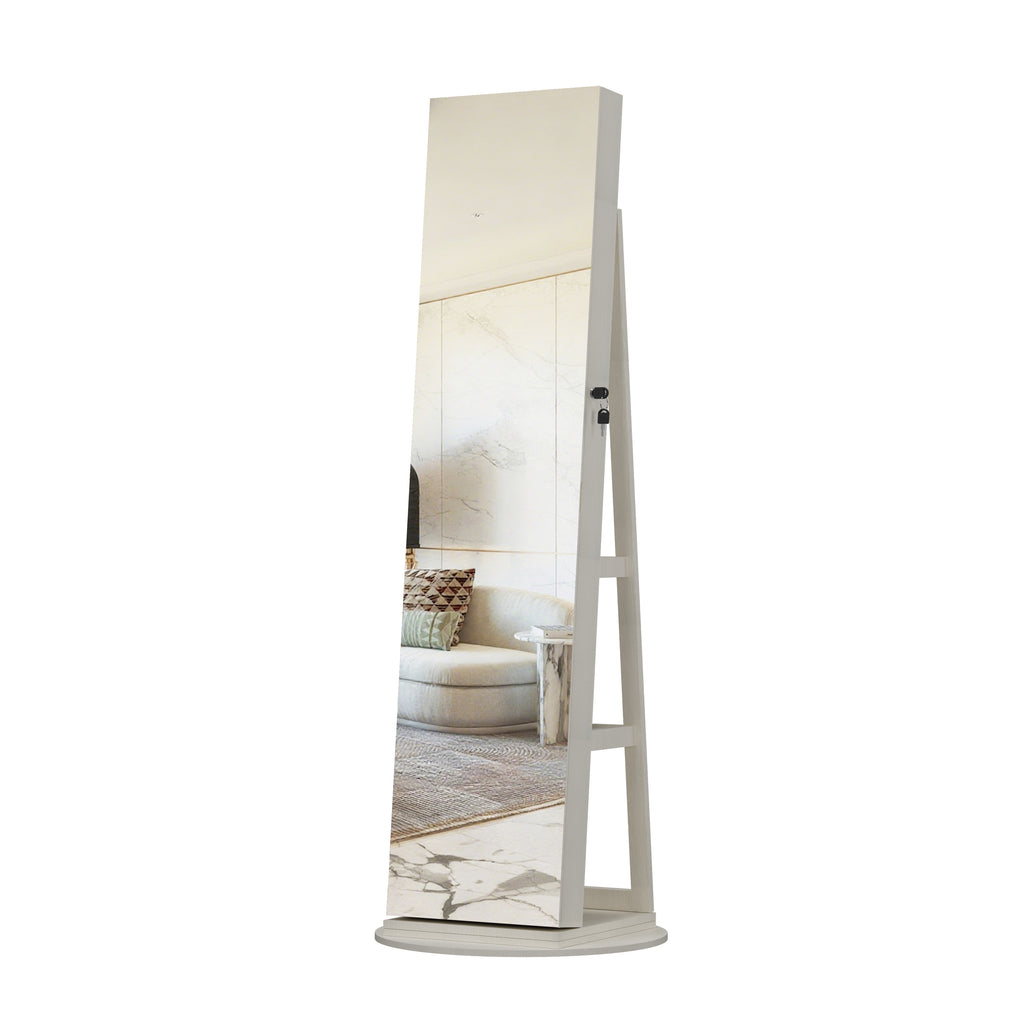 360°Swivel Jewelry Cabinet with Full Length Mirror, 360°Rotating Standing Jewelry Armoire Organizer, Lockable Storage Cabinet, Interior Lighted Mirror, White - Grand Goldman Shop