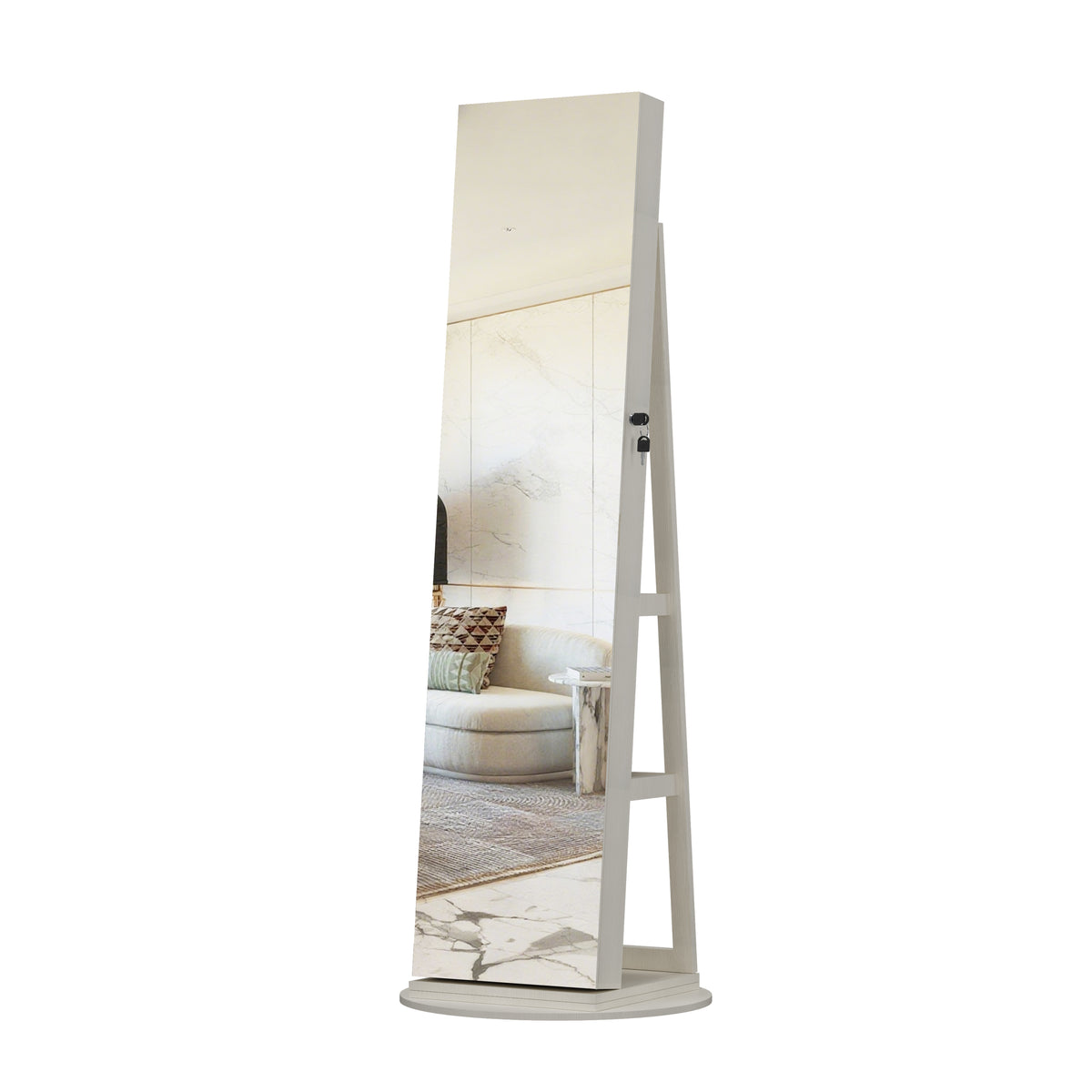 360°Swivel Jewelry Cabinet with Full Length Mirror, 360°Rotating Standing Jewelry Armoire Organizer, Lockable Storage Cabinet, Interior Lighted Mirror, White - Grand Goldman Shop