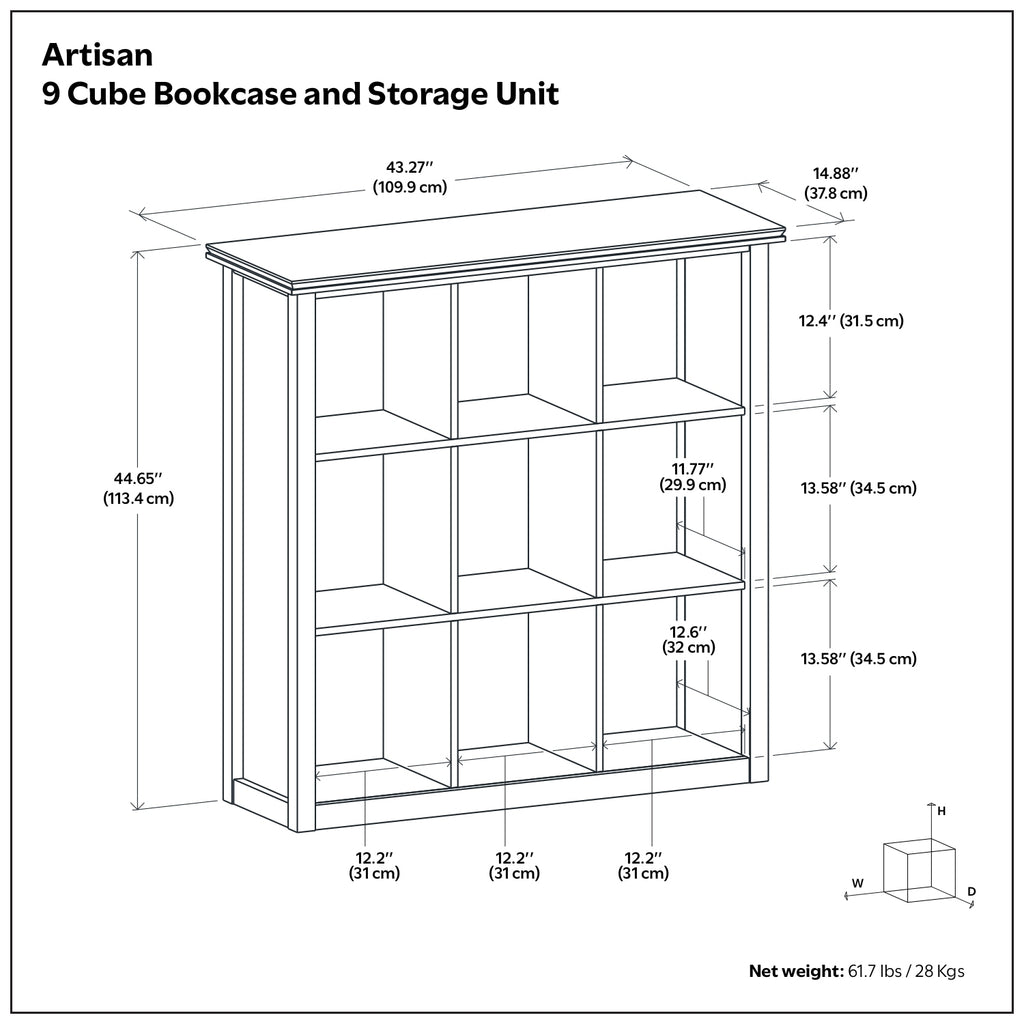 Artisan 9 Cube Bookcase and Storage Unit in Russet Brown, Solid Wood Transitional Style with Hand-Finished Glazed Finish - Gr