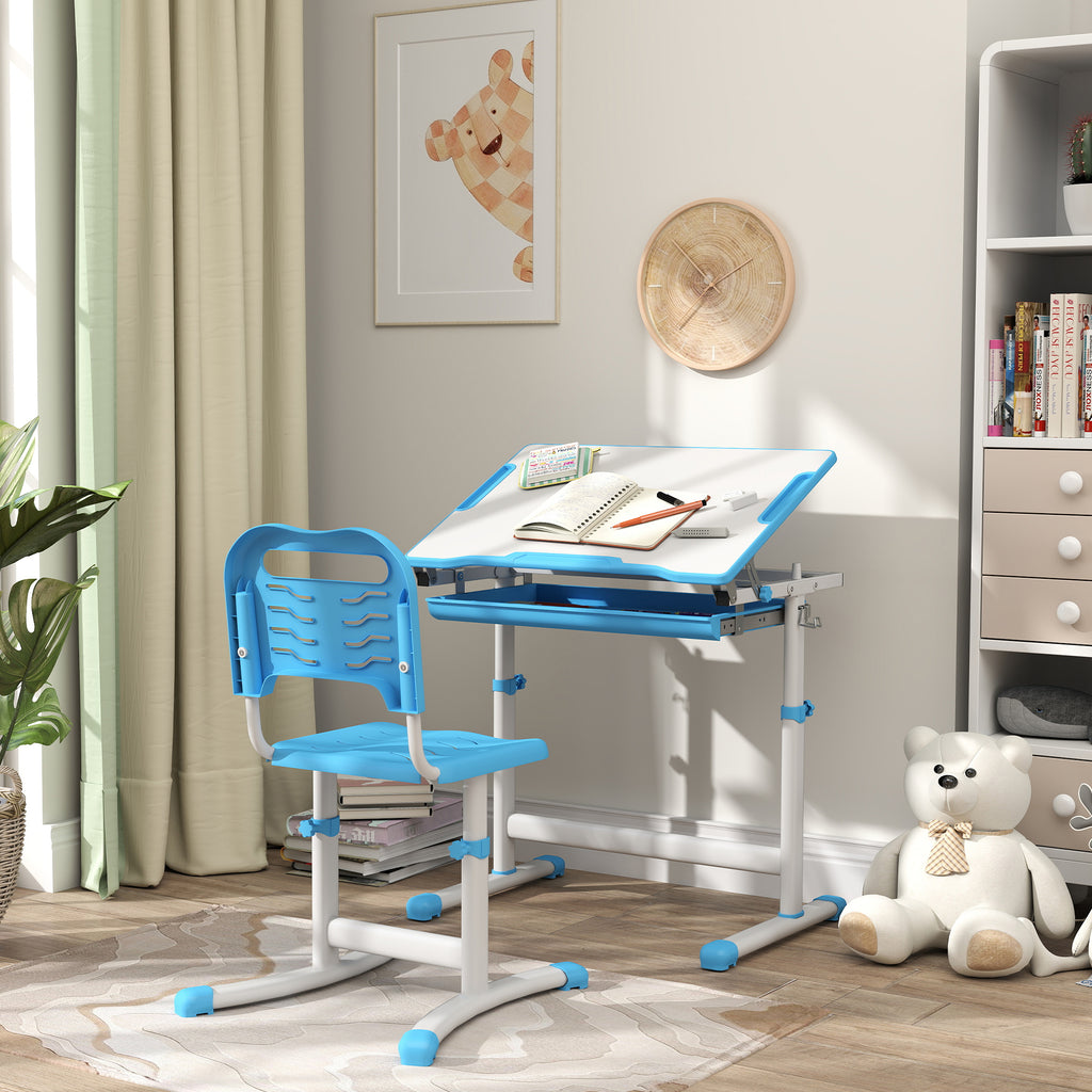 Qaba Kids Desk and Chairs Set, Height Adjustable Children School Study Desk with Tilt Desktop, Storage Drawer, Pen Slot, Hook