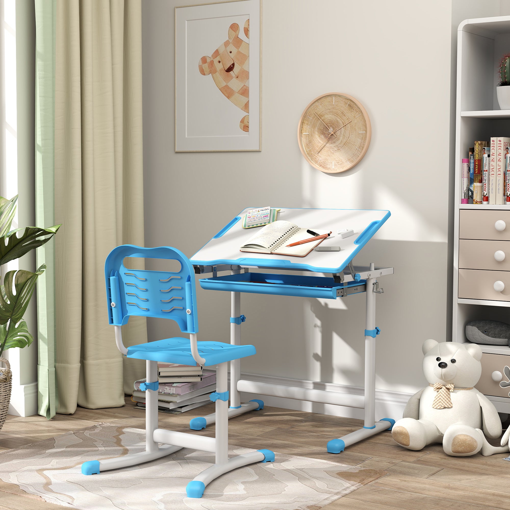 Qaba Kids Desk and Chairs Set, Height Adjustable Children School Study Desk with Tilt Desktop, Storage Drawer, Pen Slot, Hook