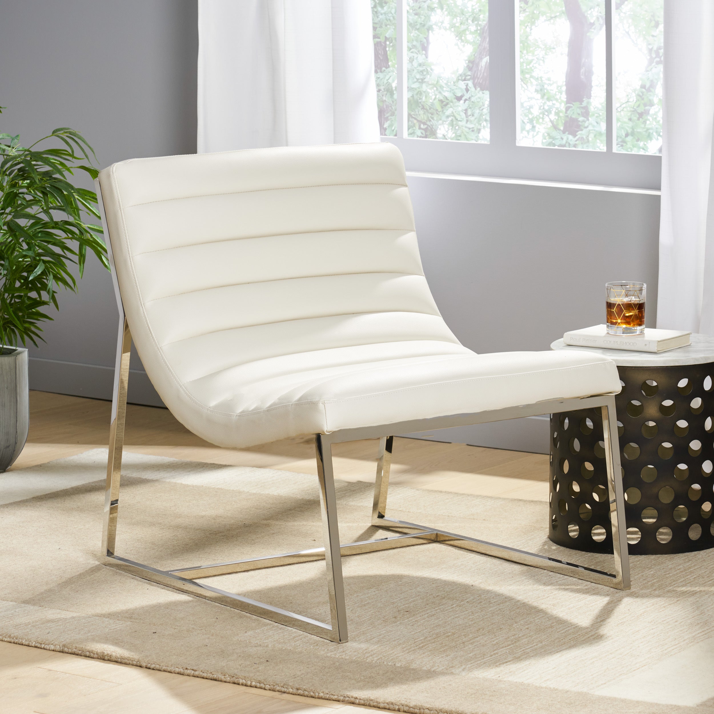 WILMOUTH ROLL OCCASIONAL CHAIR in White Leather with Chrome-Finished Steel Legs, Modern & Contemporary Style - Grand Goldman Shop
