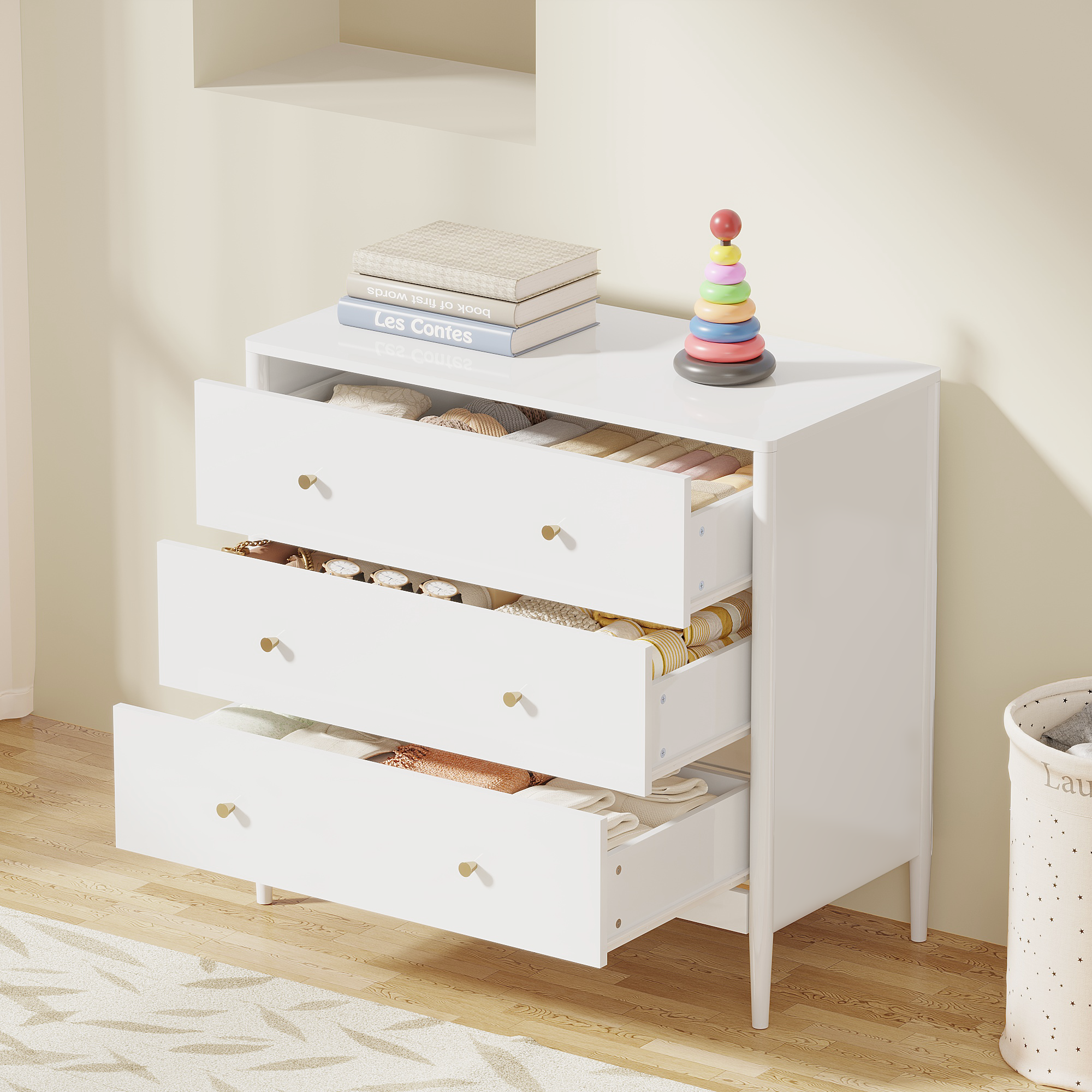 3 Drawer Dresser Chest, Modern White Storage Cabinet, MDF Wood Organizer for Bedroom, Living Room, Entryway, Small Space Furniture - Grand Goldman Shop