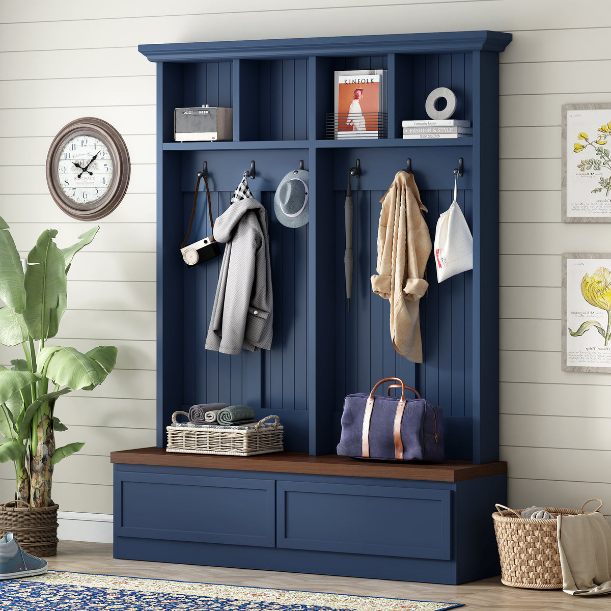 Farmhouse 4-in-1 Hall Tree with Wood Grain Bench, Mudroom Versatile Coat Rack with 2 Large Drawer, Entrance Organizer for Hallway, Living Room, Blue, 55.9'W (OLD SKU: N721P313099C) - Grand Goldman Shop