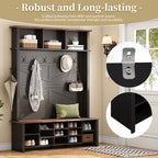 Farmhouse 4-in-1 Hall Tree with 6 Hooks, Practical Walnut Entryway Bench with Adjustable Shelves,  Wooden Shoe Organizer with 16 Compartments for Mudroom, Living Room, Black (OLD SKU: N721S000064B-1) - Grand Goldman Shop