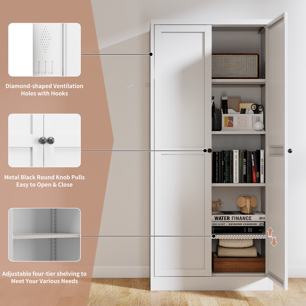 61' White Metal Kitchen Pantry Cabinet with Adjustable Storage and 4 Heavy Duty Shelves - Grand Goldman Shop