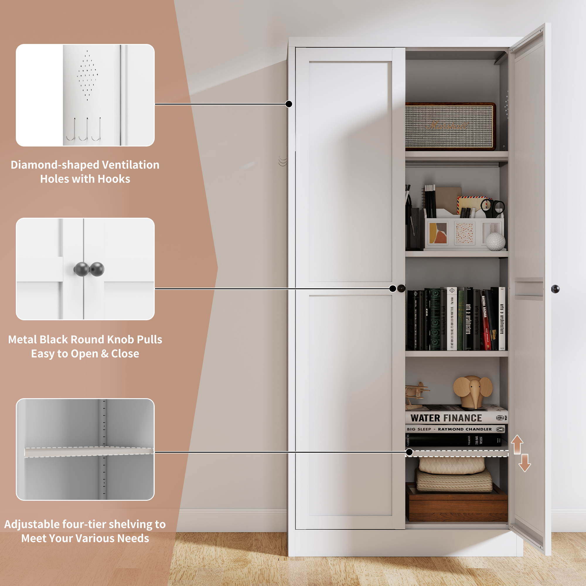 61' White Metal Kitchen Pantry Cabinet with Adjustable Storage and 4 Heavy Duty Shelves - Grand Goldman Shop