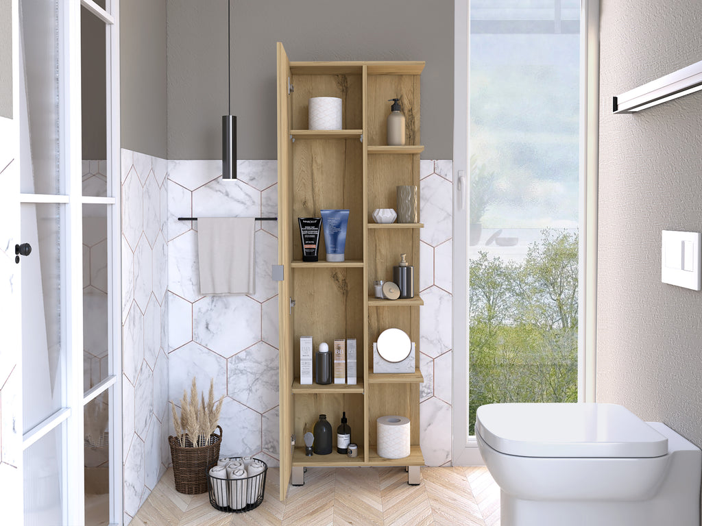 Urano Mirror Linen Cabinet, Four Interior  Shelves, Five External Shelves -Light Oak | Premium Home Decor - Grand Goldman