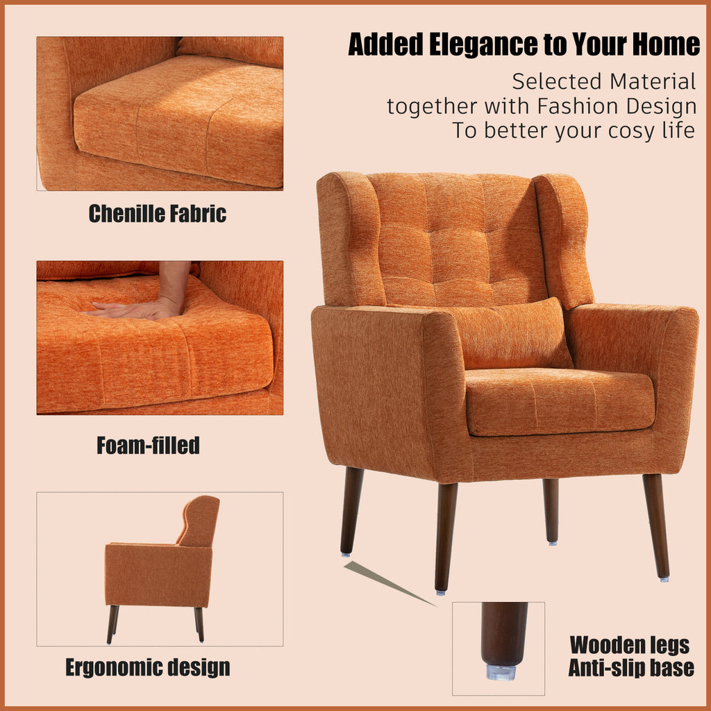 Modern Accent Chair,Chenille Arm Chairs for Living Room,Upholstered Mordern Armchair,Comfy Soft Padded Lounge Chair in Small Space, Bedroom, w/Pillow, Solid Wood Leg (Orange) - Grand Goldman Shop