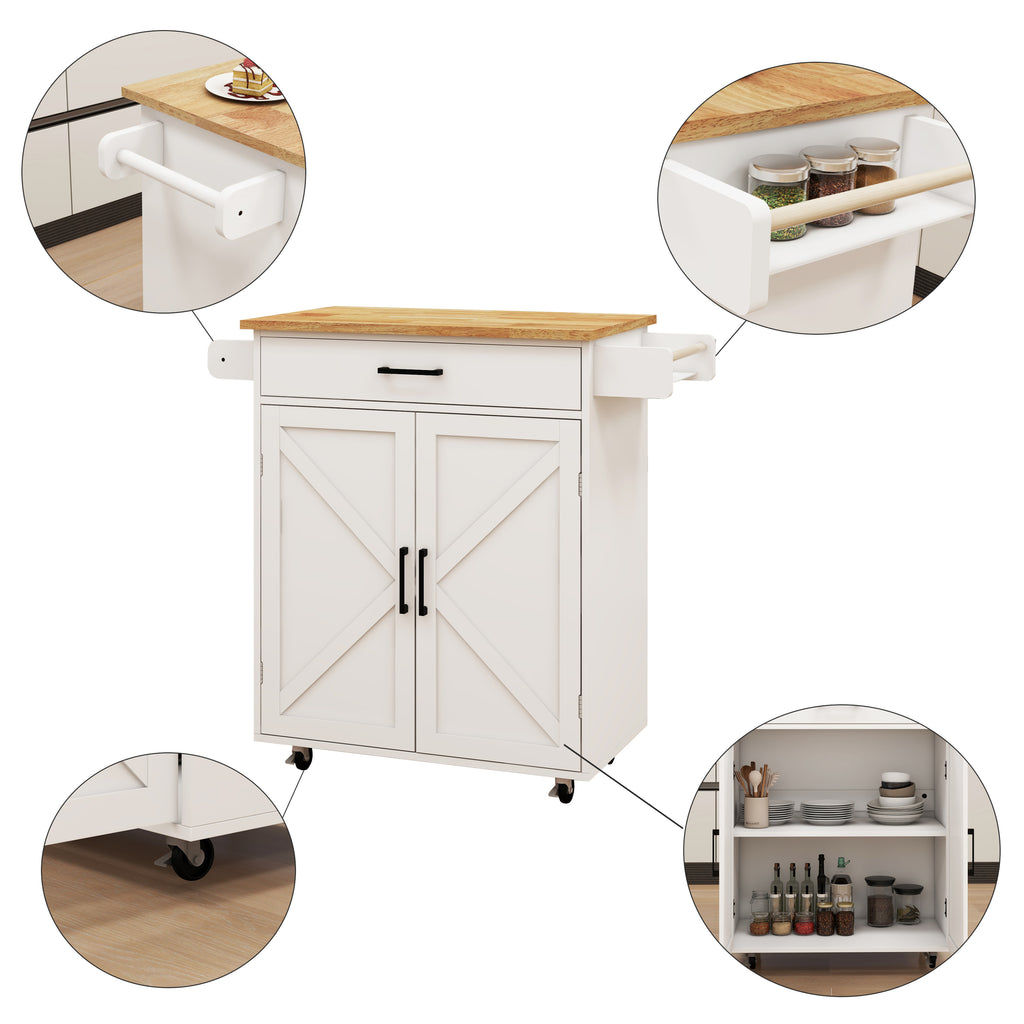 Kitchen island rolling trolley cart with Adjustable Shelves & towel rack & seasoning rack rubber wood table top-White - Grand Goldman Shop