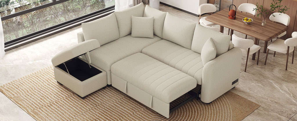Modern L-shaped Sectional Pull Out Sofa Bed with USB Ports and Storage Ottoman, Beige, Jacquard Fabric, 82.6' - Grand Goldman Shop