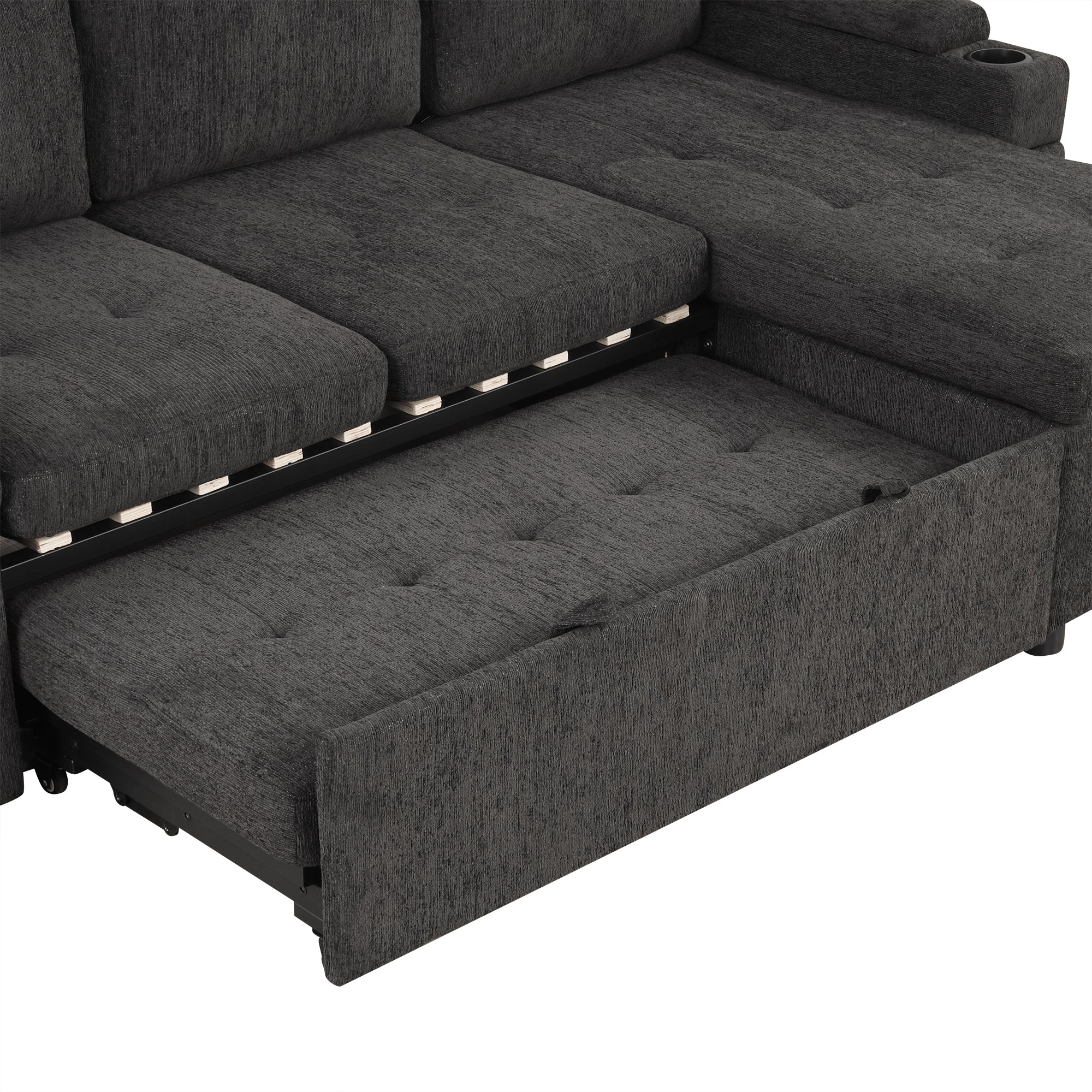 Black Convertible L-shaped Sofa Couch with Storage, Cup Holders, USB Ports, Chenille Fabric, 83.5' - Grand Goldman Shop