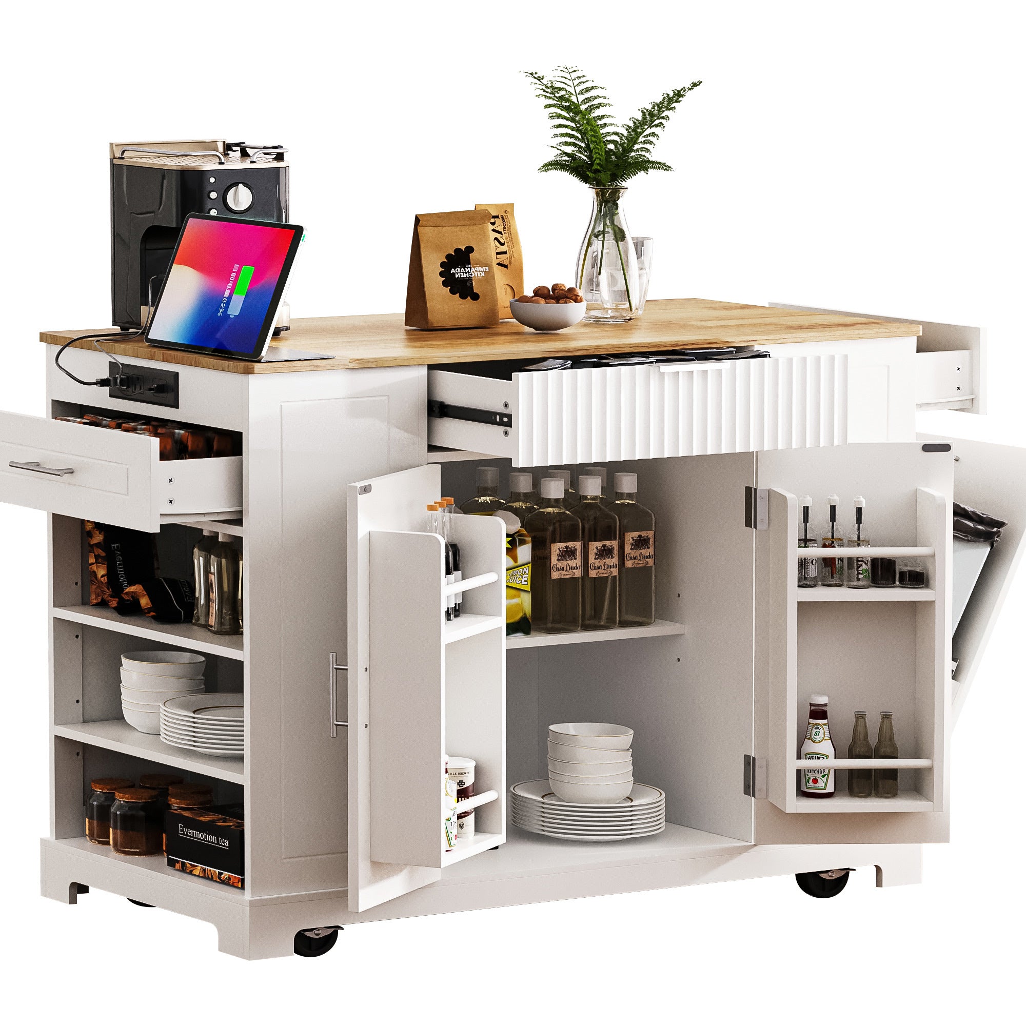 K&K Fluted Kitchen Island with Trash Can Storage Cabinet, Power Outlet, Internal Storage Rack, Rolling Kitchen Islands on 5 Wheels with 3 Drawer, 3 Open Side Racks for 10 Gallon Garbage Bin, White - Grand Goldman Shop